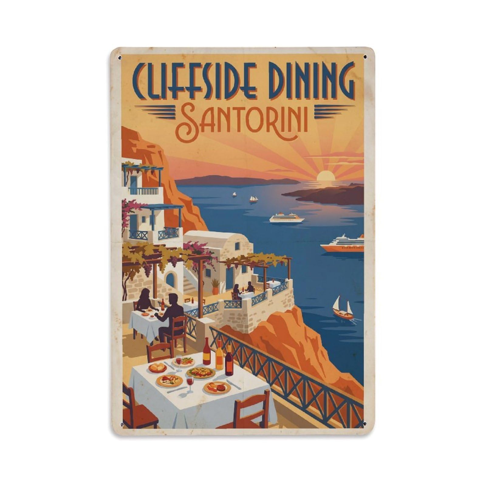 Gead 8X12inch Style Vintage Travel Santorini Cliffside Dining Metal Tin Sign