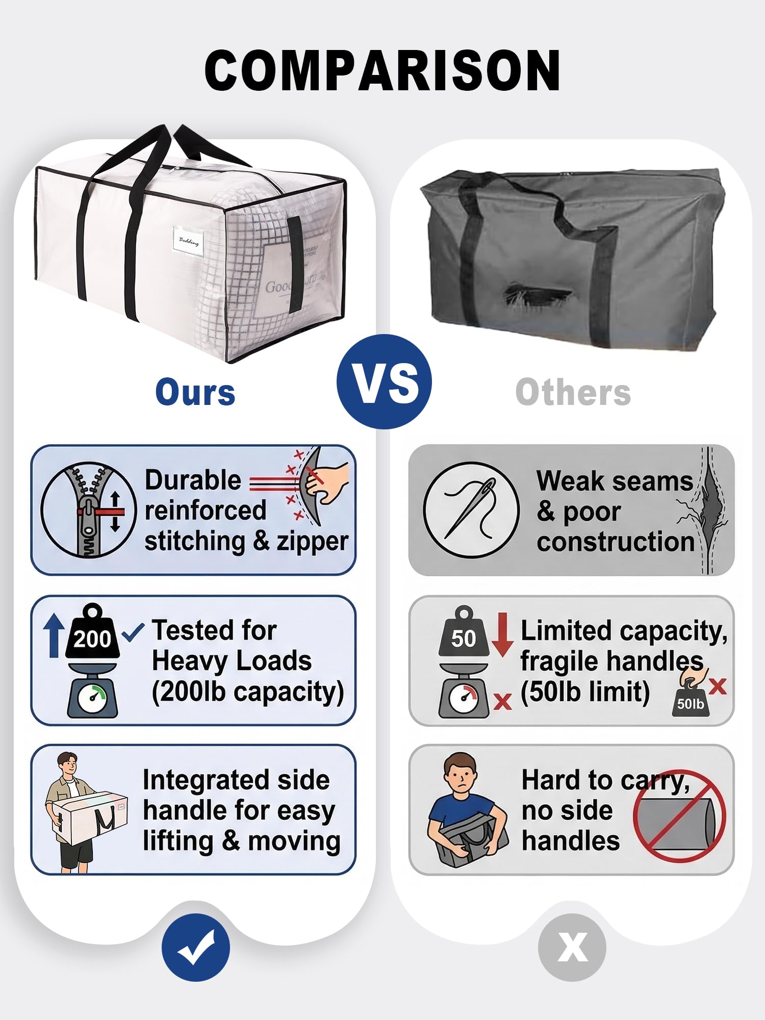 HOMESURE 8 Pack Large Strong Moving Bags with Zippers & Carrying Handles - Water-Resistant - Heavy Duty Storage Tote for Space Saving, Fold Flat, Alternative to Moving Box (Semi-Transparent) - 4