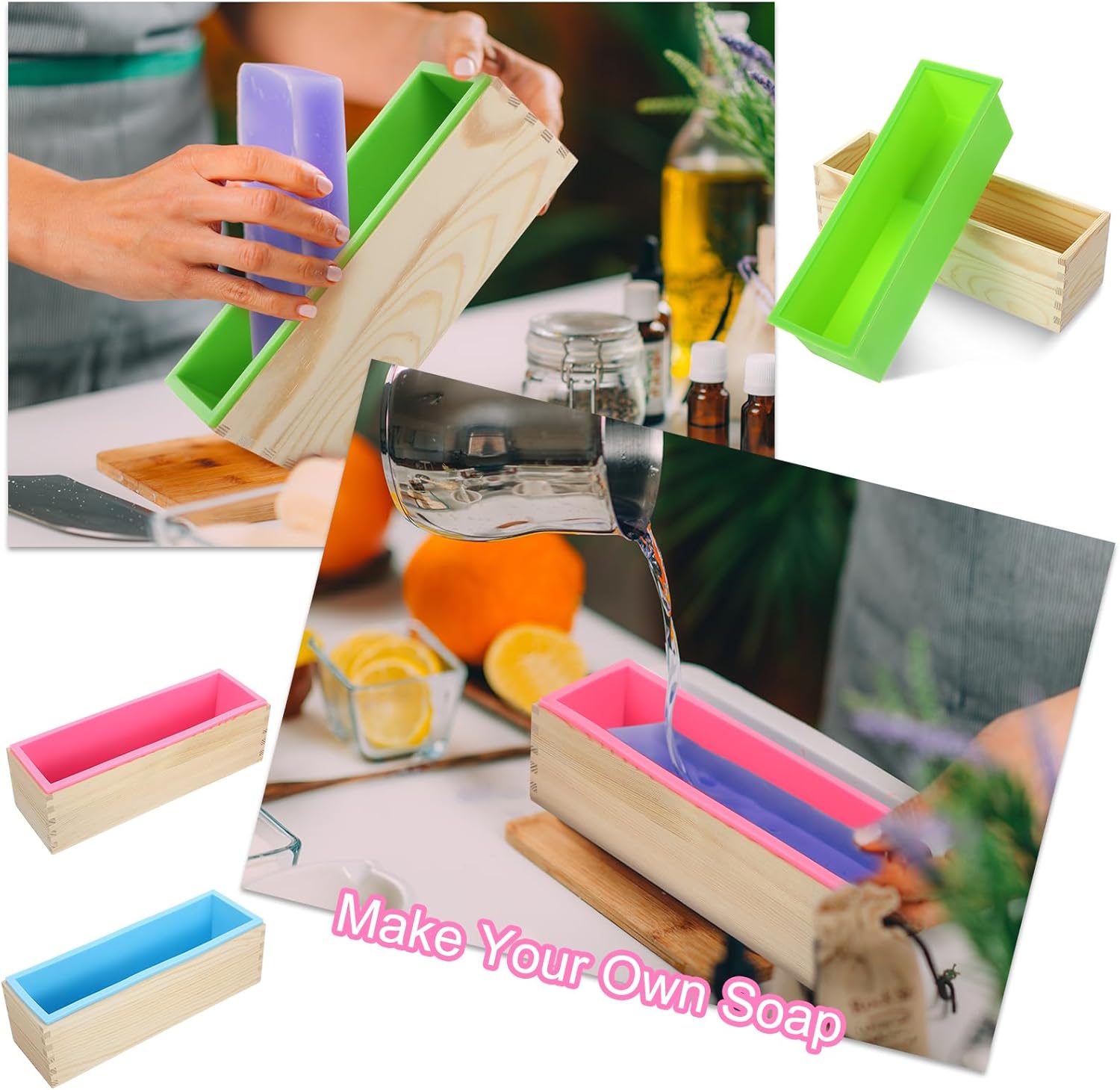 3 Pcs Soap Making Molds with Wood Box Tray, Flexible Rectangular Silicone Soap Molds for Homemade Craft DIY Tool (Blue, Pink, Green)