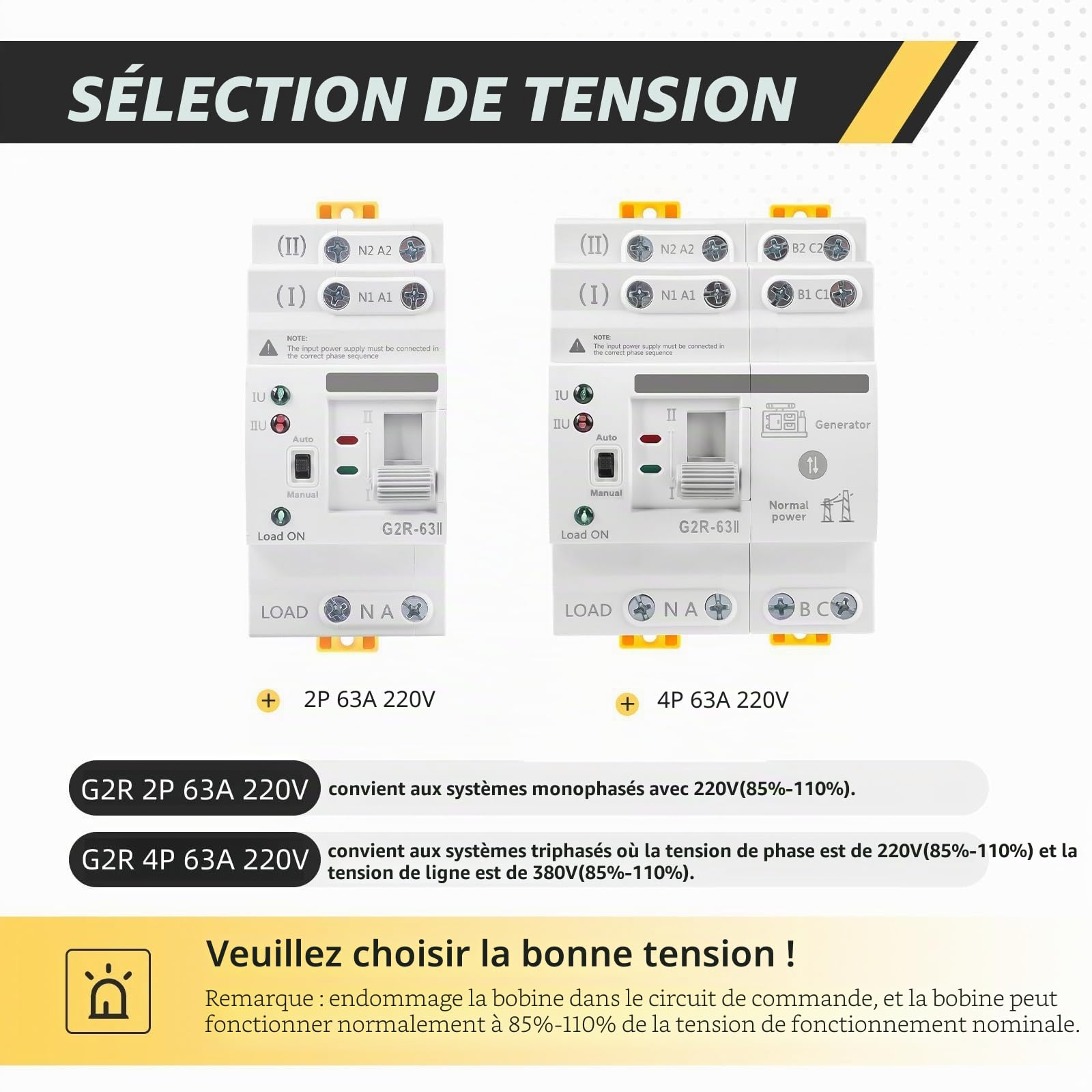 Commutateur de transfert automatique Dual Power 2P 63 A 220 V ATS Interrupteur photovoltaïque 2 positions Alimentation de secours Double alimentation pour la maison et les installations industrielles