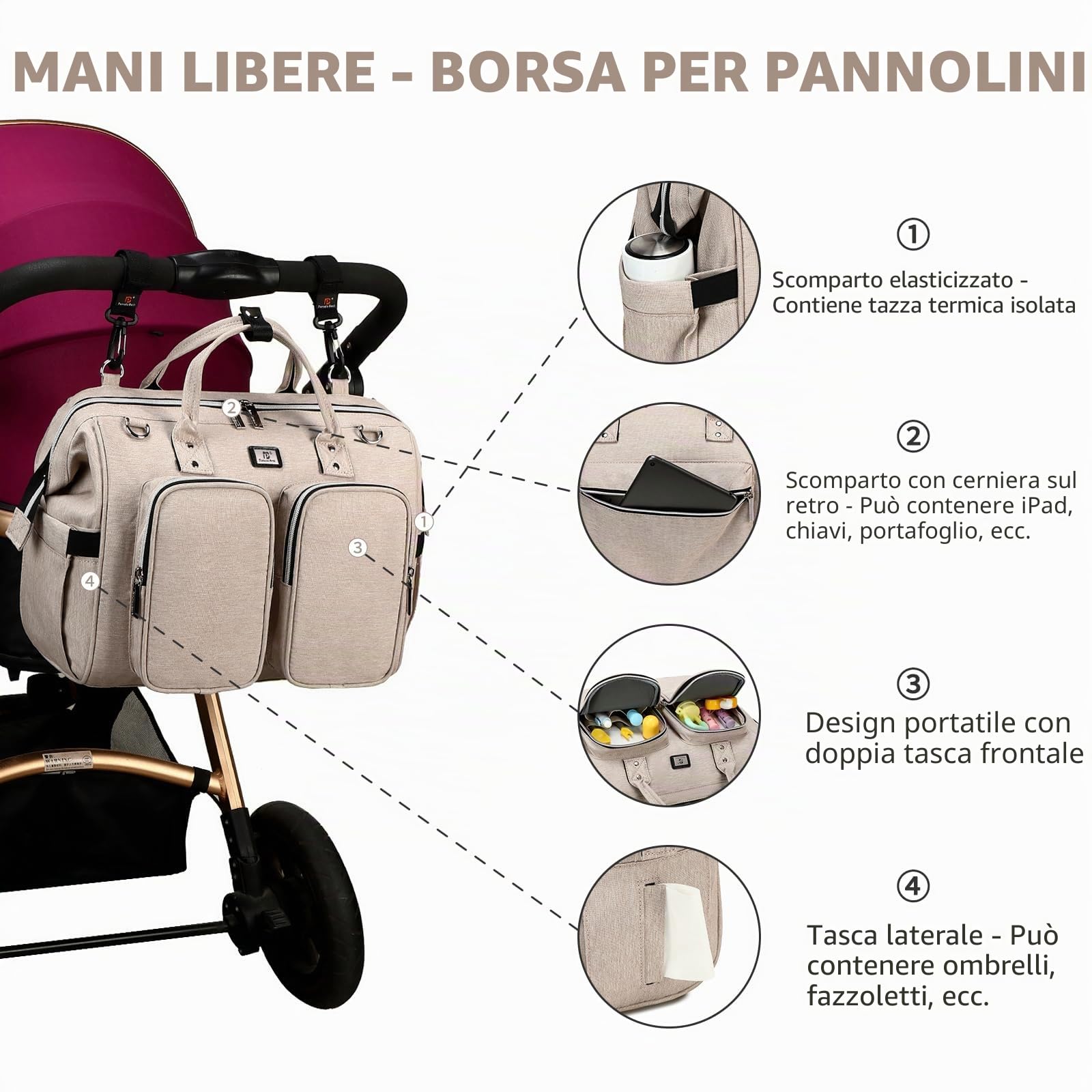 Borsa a Tracolla per Pannolini Grande Capacità Oxford Impermeabile, 2 Ganci per Passeggino, Fasciatoio