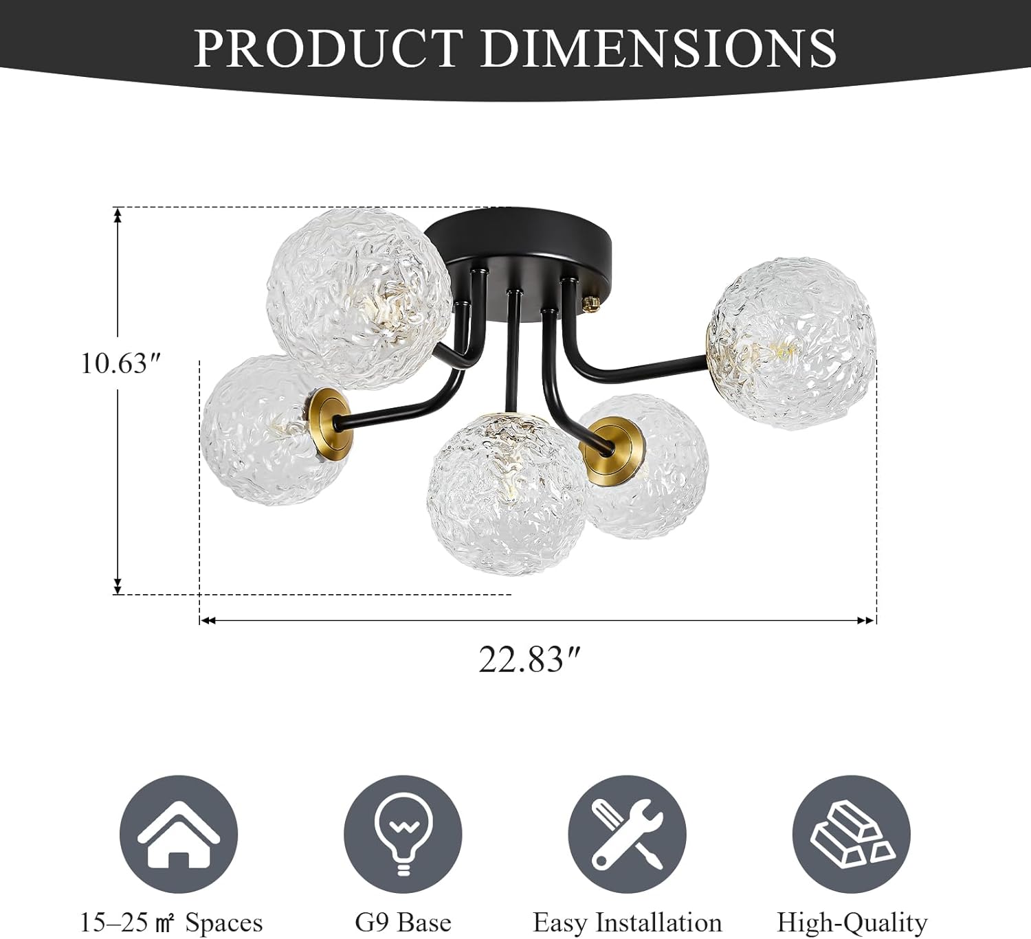 Semi Flush Mount Ceiling Light Black 5-Lights Sputnik Ceiling Light Mid Century Modern Clear Glass Globe Close to Ceiling Light for Bedroom Kitchen Entryway Closet