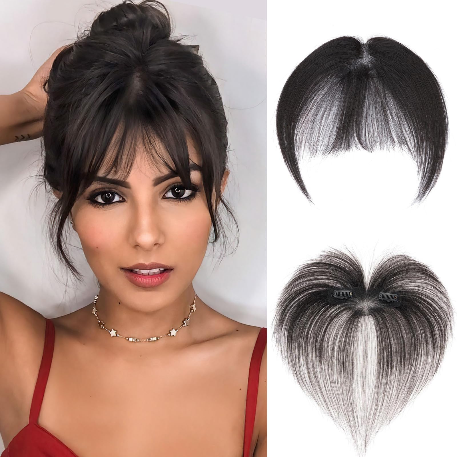 MY-LADY Clip in Bangs Human Hair Extensions with Temples Hairpieces Air Bangs Clip for Enhancing Women's Facial Features 100% Real Human Hair with 4 Non-slip Clips #1B Natural Black