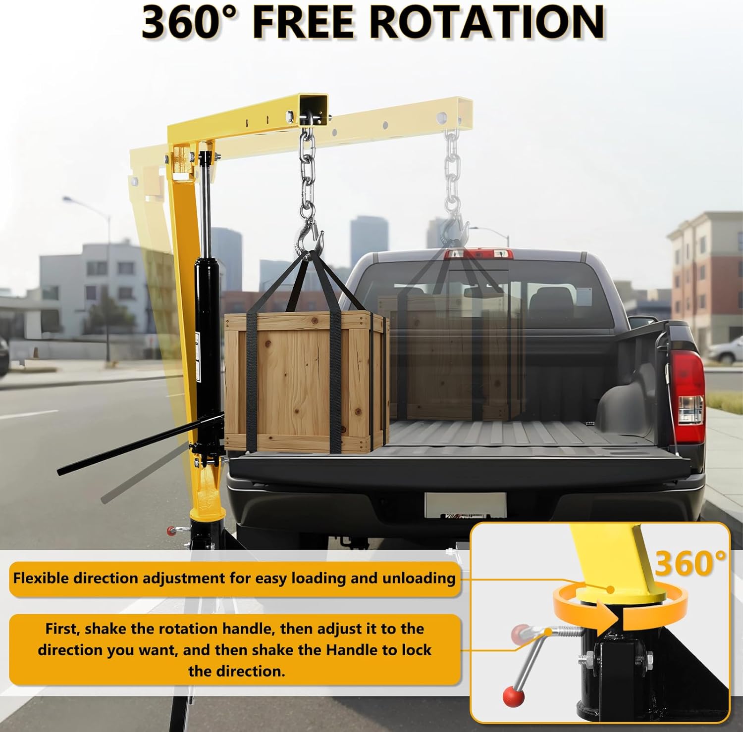 1200 LBS Hydraulic Truck Crane, 360° Rotatable, Heavy Duty Pickup Truck Crane with 3 Boom Capacity Options: 500lbs, 800lbs, 1200lbs for Construction, Agriculture, Workshops, Industry,Yellow