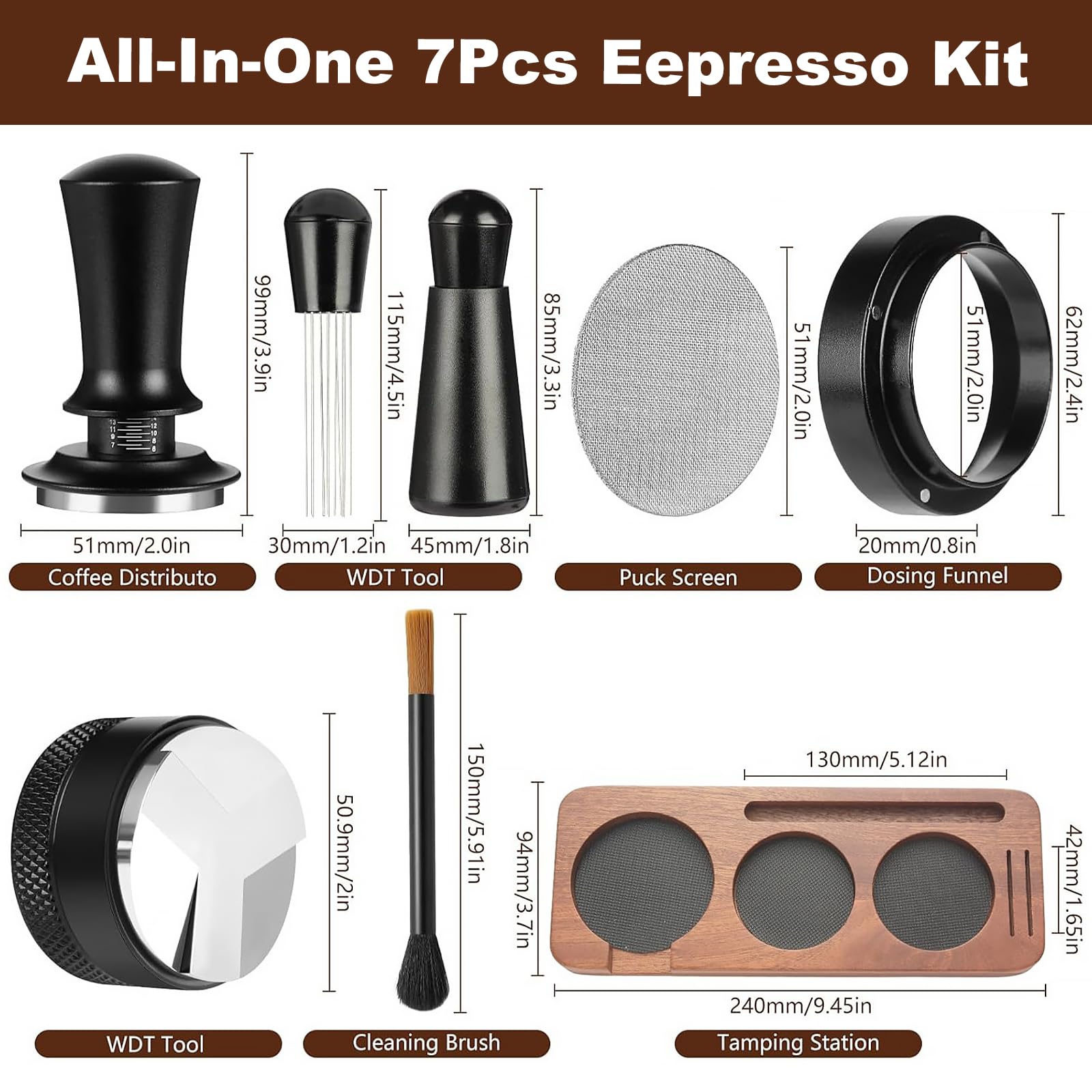 Juego de prenso, 51 mm, con aguja de espresso, anillo dosificador de 51 mm, prensador de café con alfombrilla distribuidora, agujas para agitador de café, pantalla de puck, estación de tamper