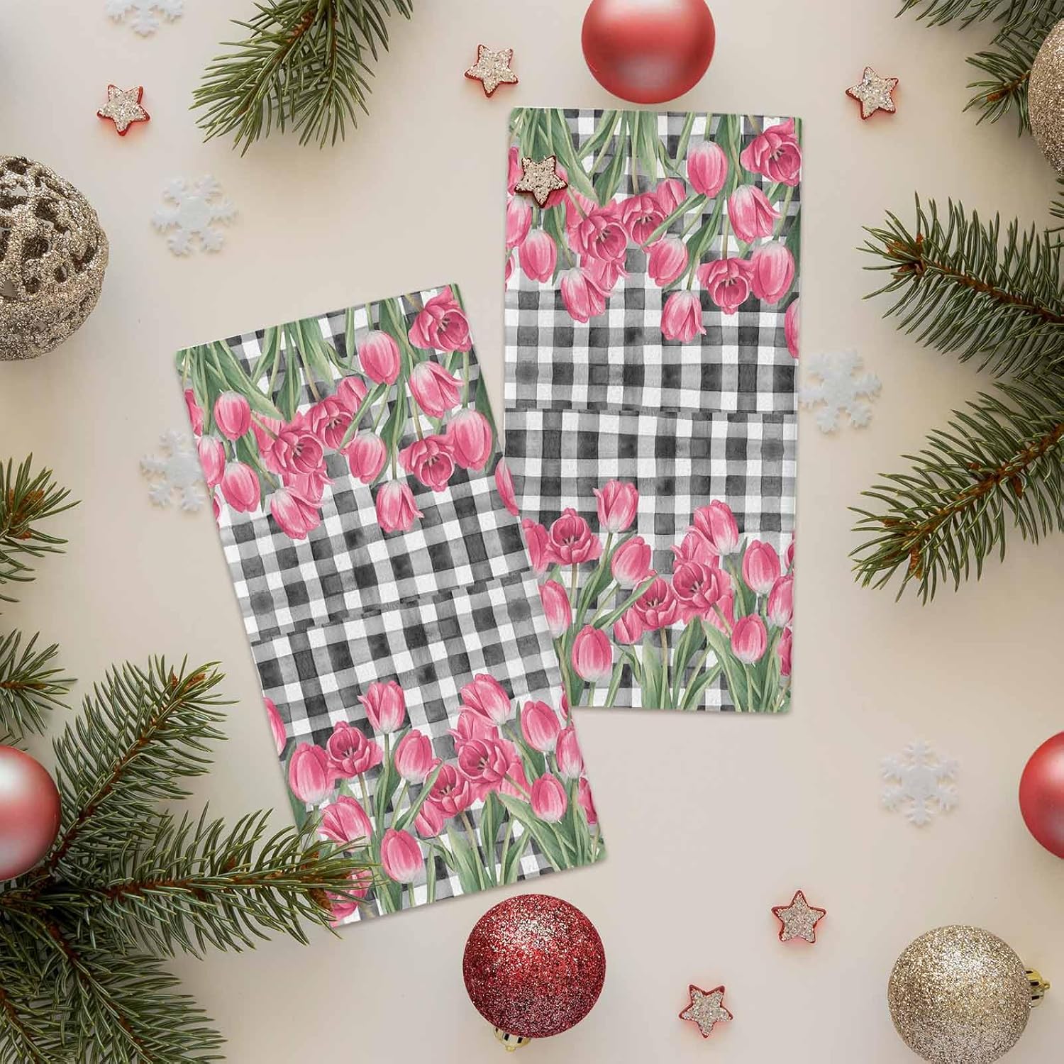 Kitchen Towels Spring Pink Tulips Absorbent Tea Towel Soft Hand Dish Towel Buffalo Plaid Black White Reusable Washable Cleaning Cloth Hand Bath Towels for Bathroom Bar for Everyday Cooking (Pack of 1)