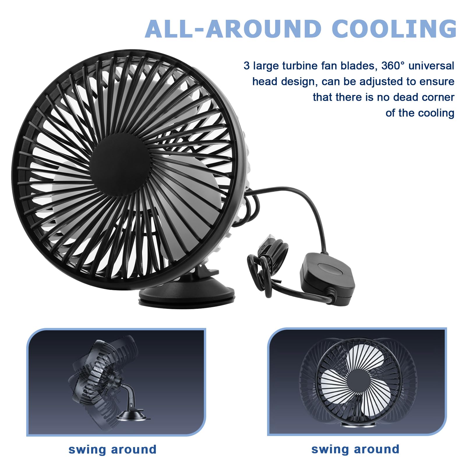 Ventilateur de voiture 12 V/24 V USB, rotation à 360 °, avec ventouse puissante, pour tableau de bord et pare-brise, 3 vitesses, ventilateur silencieux avec moteur en cuivre pur pour voiture, camion