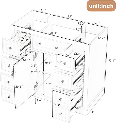 Miniatura 2 de Merax Mueble de baño de 36 pulgadas sin fregadero, base de gabinete solamente, armario de baño con puerta única y 6 cajones, color blanco
