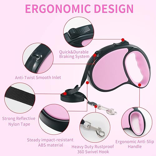 Miniatura 5 de Correa retráctil para perro, [cinta de nailon fuerte] [bloqueo de un botón con una sola mano] para perros y gatos pequeños y medianos, correa para
