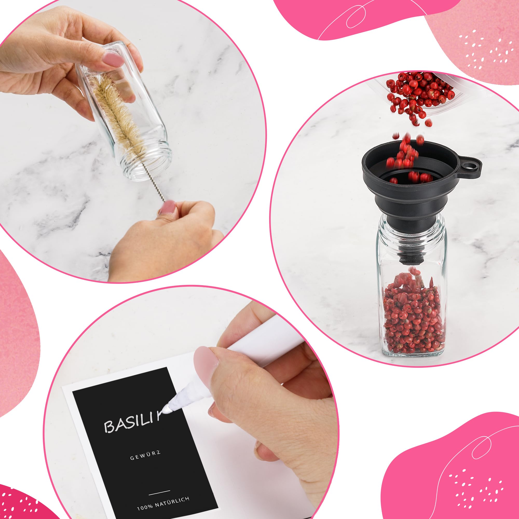 Gewürzgläser Set [24 x 120ml] mit 301 Etiketten auf Deutsch | Matte Deckel in Schwarz | Gewürzbehälter mit Metalldeckeln & Streueinsatz. Gewürzgläser Eckig, 24er Set