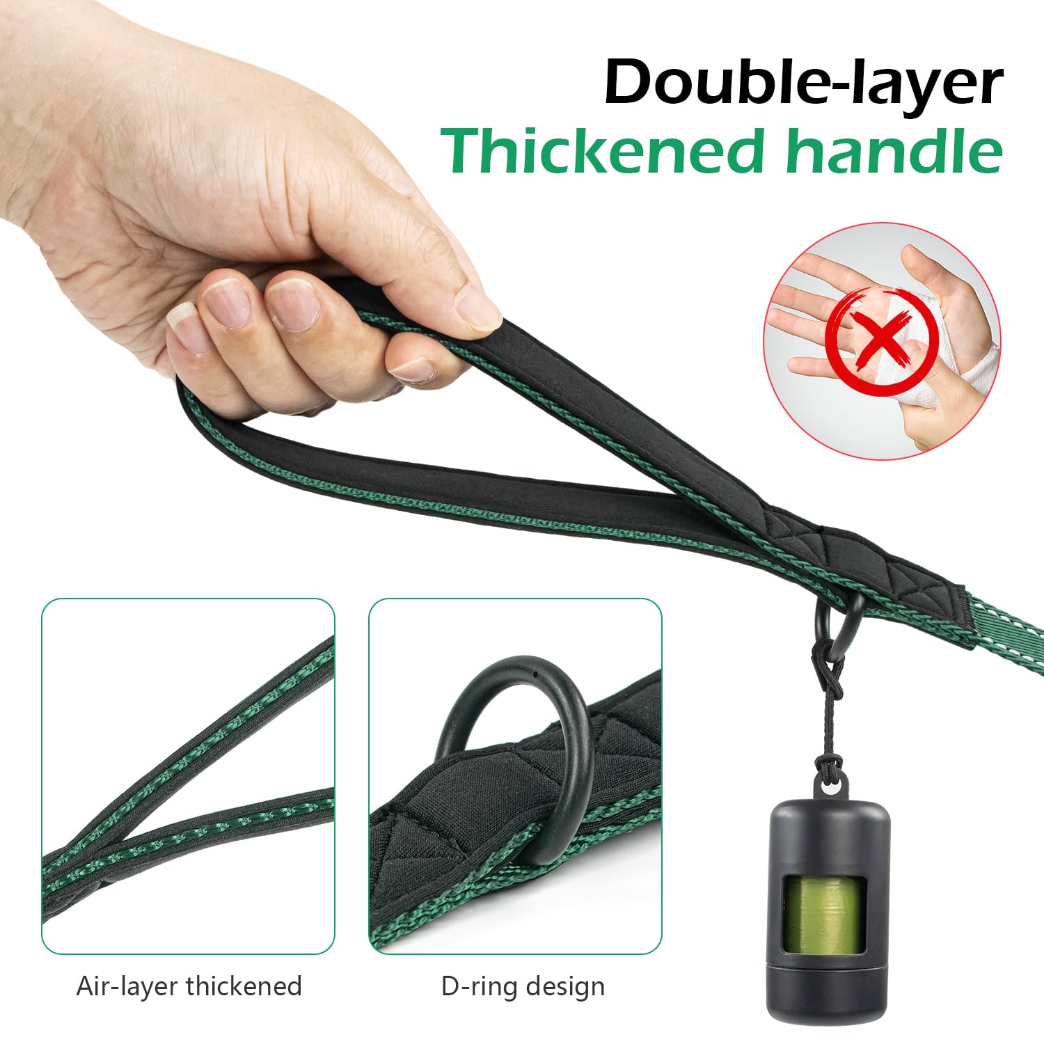 Reflective Double Handle Dog Leash for Large Dogs, Heavy Duty Adjustable Leash with Soft Padded Handles, Traffic Control Training Lead for Walking, Running (Dark Green, L) - 4