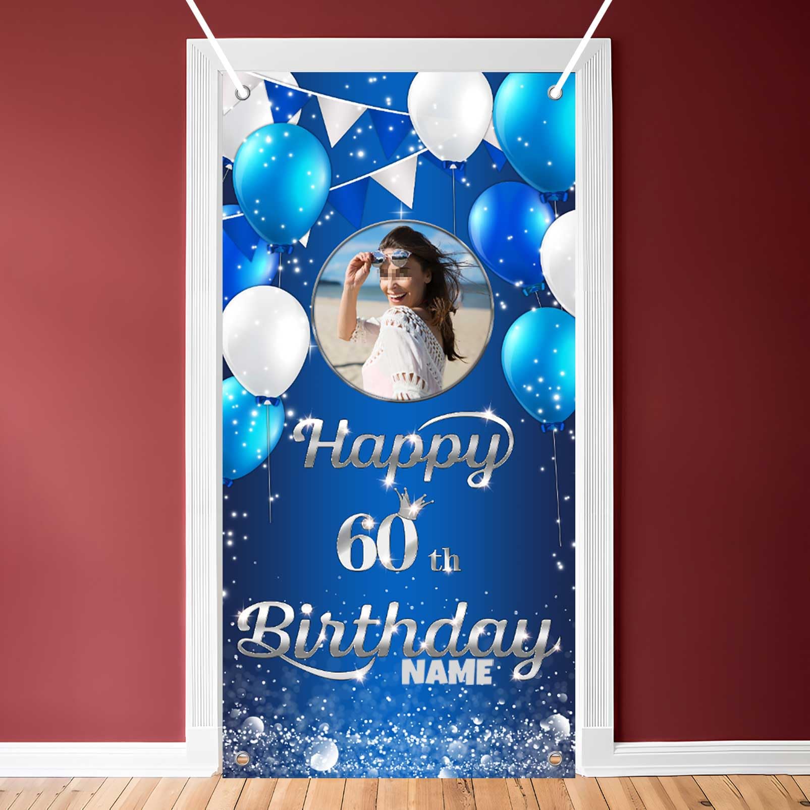 Dicodes Custom Navy Blue and Silver 60th Happy Birthday Door Banner Backdrop Birthday Decorations Party Supplies for Women Men(60th)