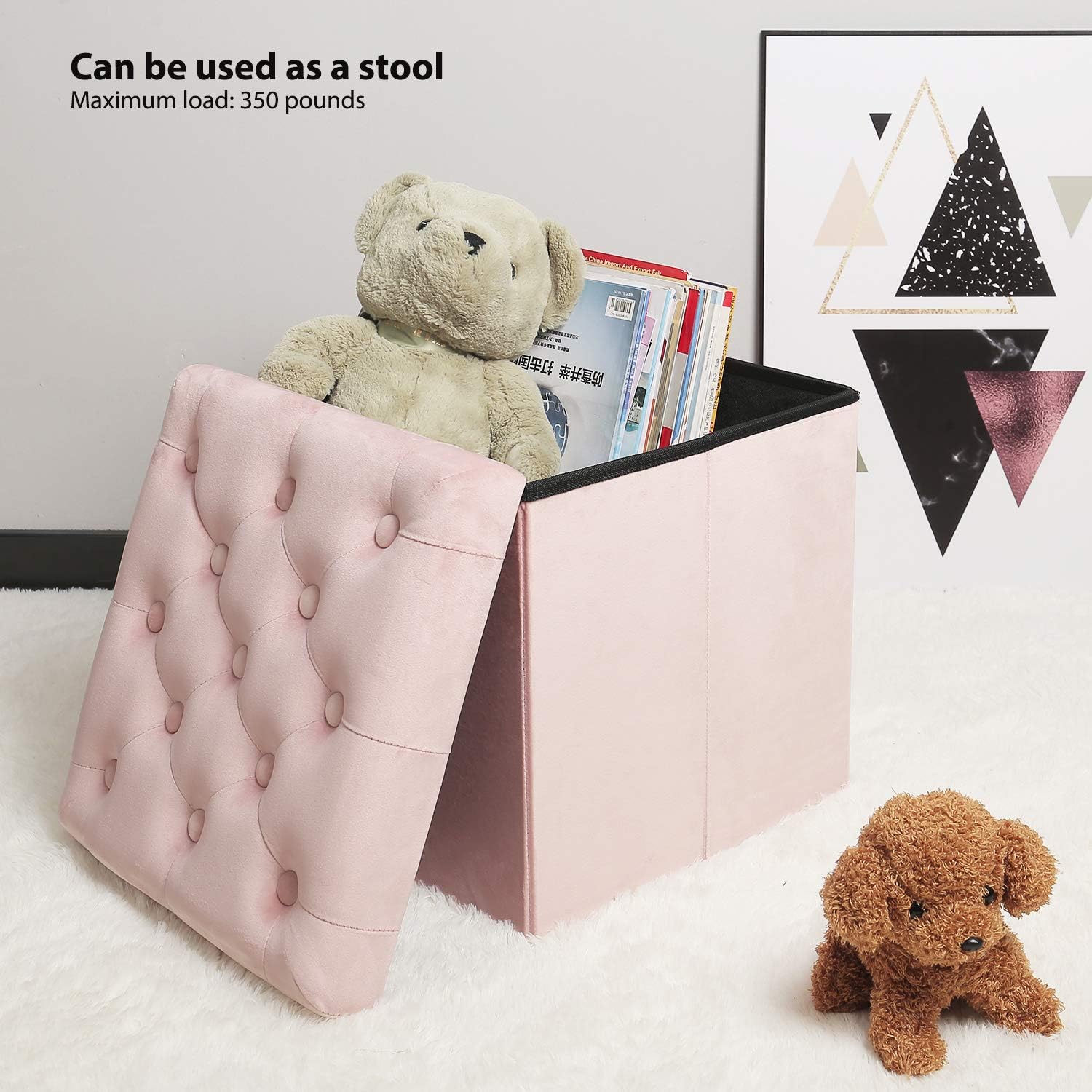 B FSOBEIIALEO Storage Ottoman Cube, Velvet Tufted Folding Ottomans with Lid, Footstool Rest Padded Seat for Bedroom (Pink, Medium) : Home & Kitchen