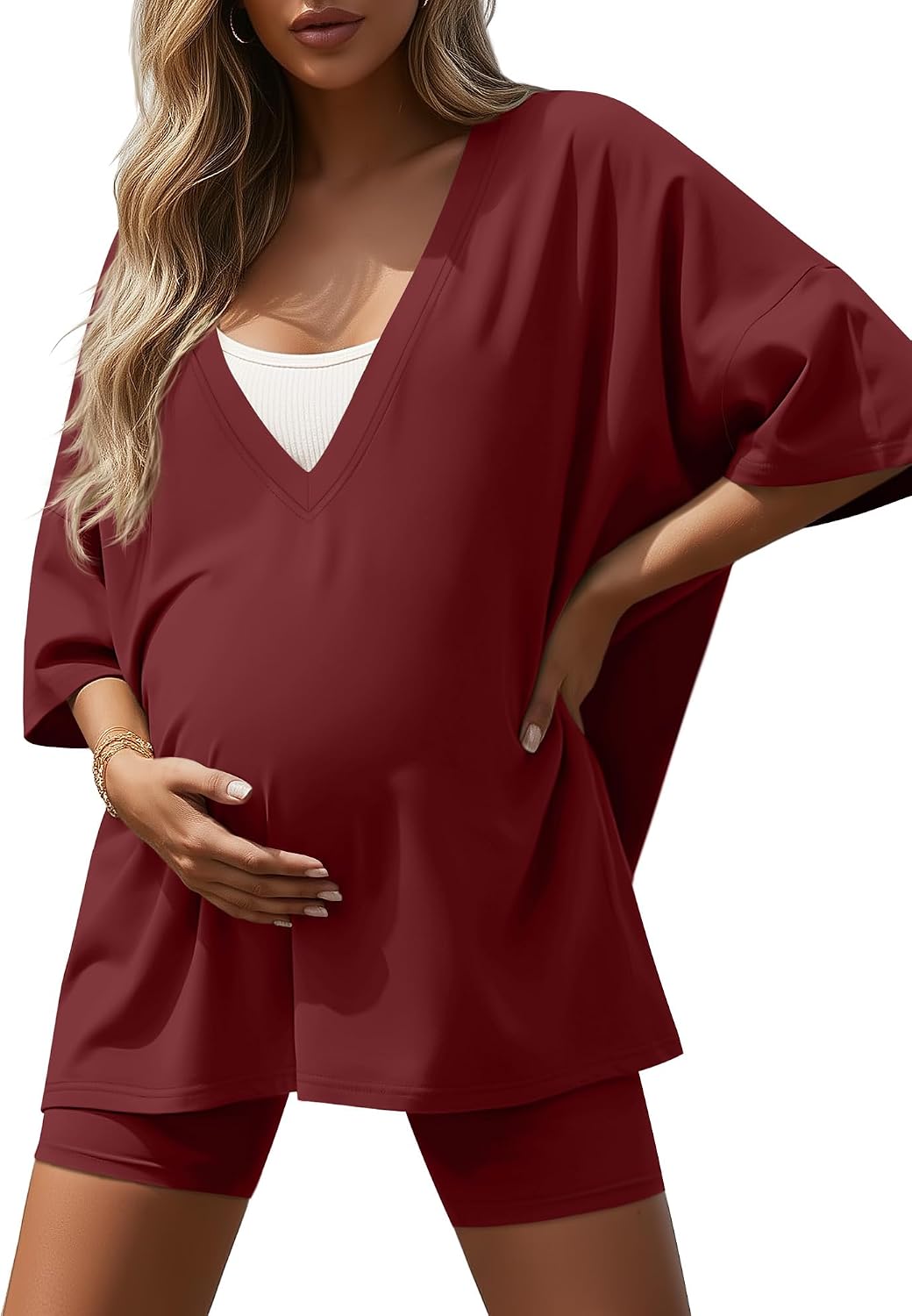 Women's 2 Piece Maternity Lounge Set Oversized Nursing V Neck Lightweight Shirt Cotton Pregnancy Shorts Pajama Set