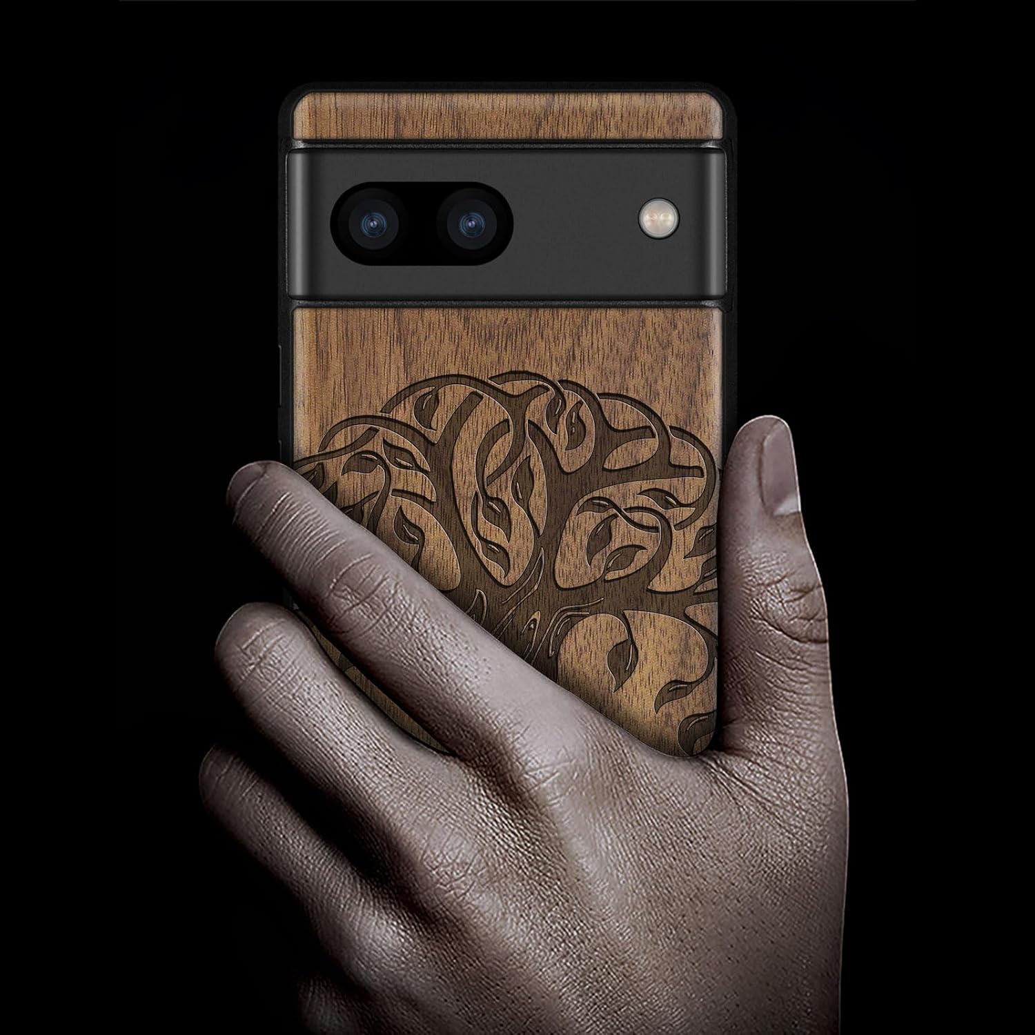Carveit Wood Case for Pixel 8 Case [Natural Wood & Black Soft TPU] Shockproof Protective Unique Wooden Cover Compatible with Google Pixel 8 (Celtic Tree of Life-Walnut)