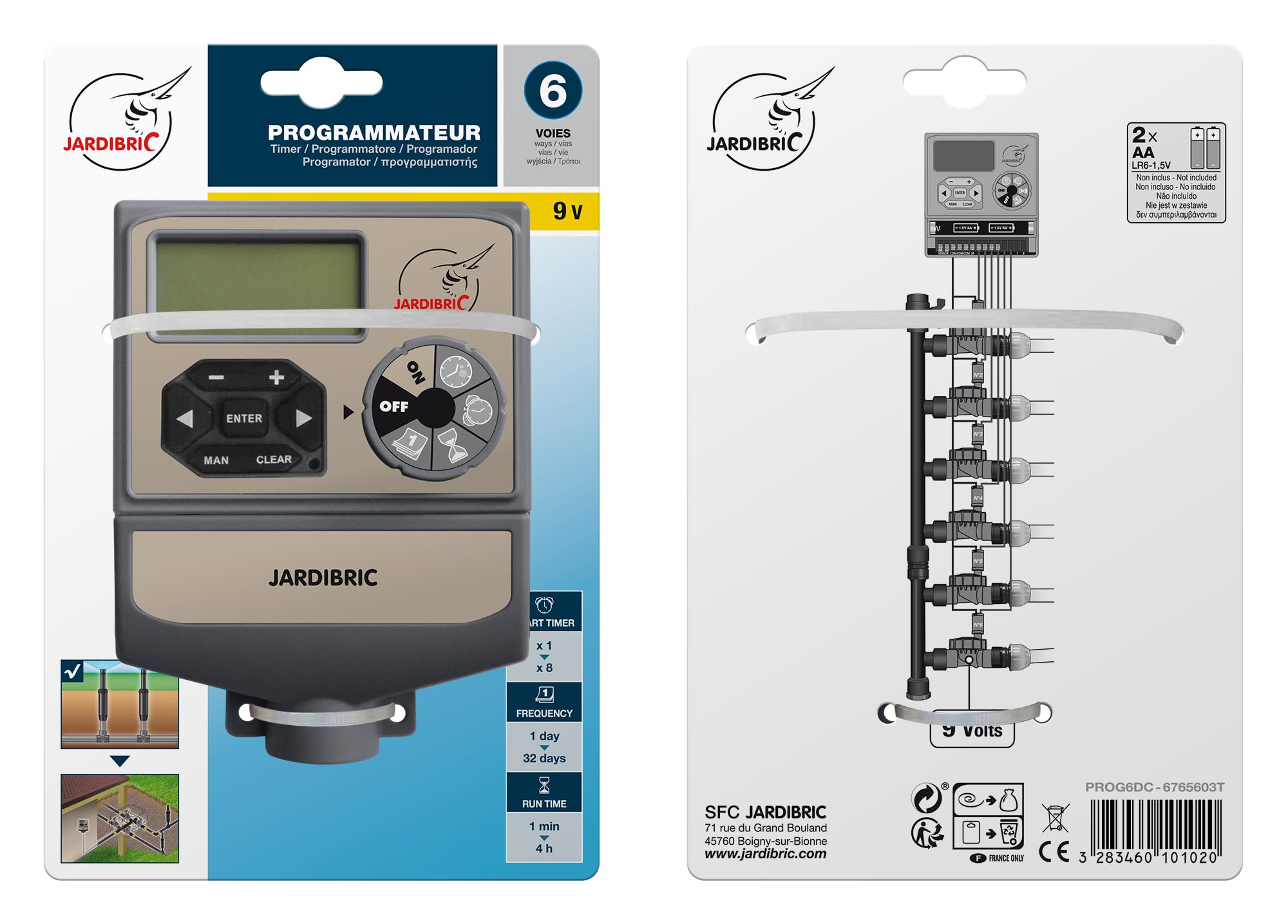 Jardibric – Programador de riego 9 V 6 vías – 2 programas independientes multi-zonas electroválvula