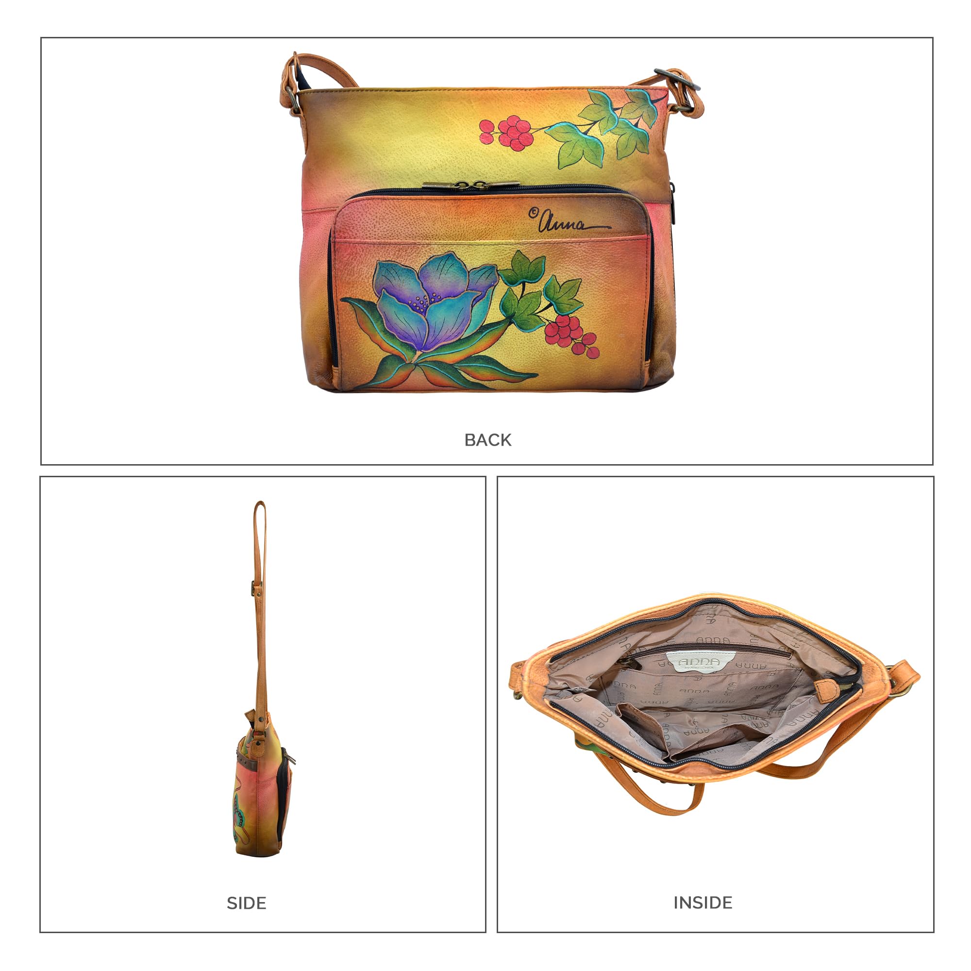 Anuschka Anna by Organizador de Piel Pintada a Mano, diseño de Flores, Bandolera, Bolso para Mujer