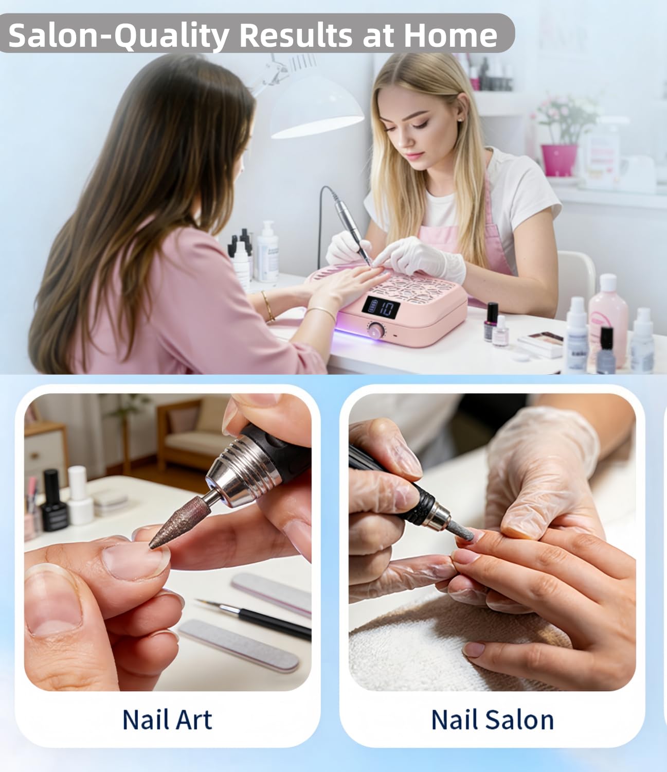 Cordless Nail Dust Collector for Nail Tech, 10 Suction Modes, 4500RPM Powerful Nail Vacuum Fan with Reusable Filter, Professional Manicure Tool for Acrylic Nail Polishing, Salon & Home Use - Pink