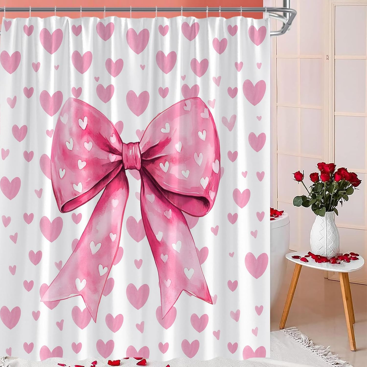 Valentine's Shower Curtain Pink Love Heart Cute Bow Romantic Sweetheart Couple Lover Fashion Modern Fabric Bathroom Curtain Set with Hook,70x78IN