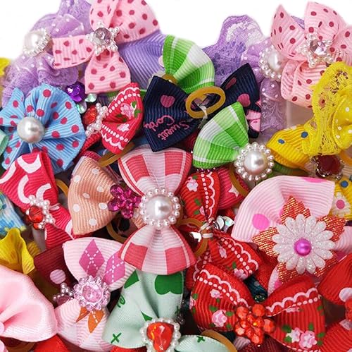 Miniatura 7 de Ewanda store 20 lazos para el pelo de perro, pares de perlas de diamantes de imitación, flores, topknot, lazos para perros, lazos para el pelo para