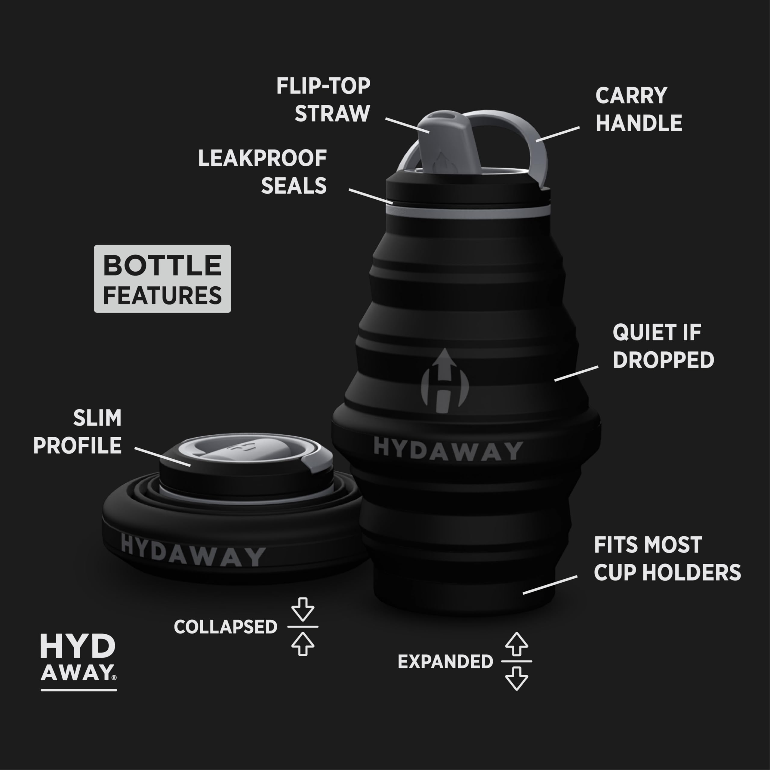 HYDAWAY - Botella de agua plegable | Tapa abatible | 500 ml | Fácil de transportar, apta para viajes, silicona de grado alimentario