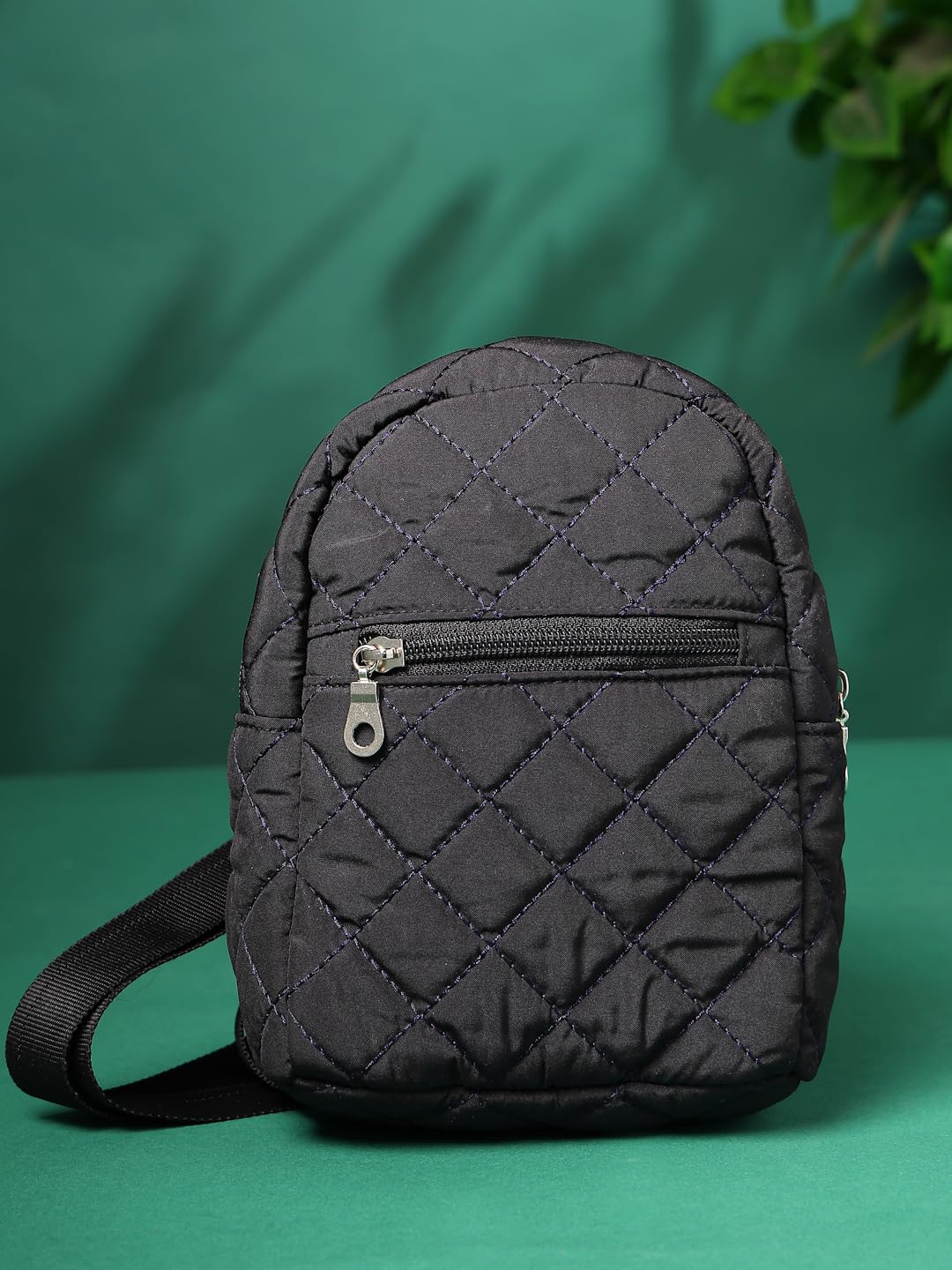 Anekaant Uno Black Polyester Diamond Quilted Sling Bag 1