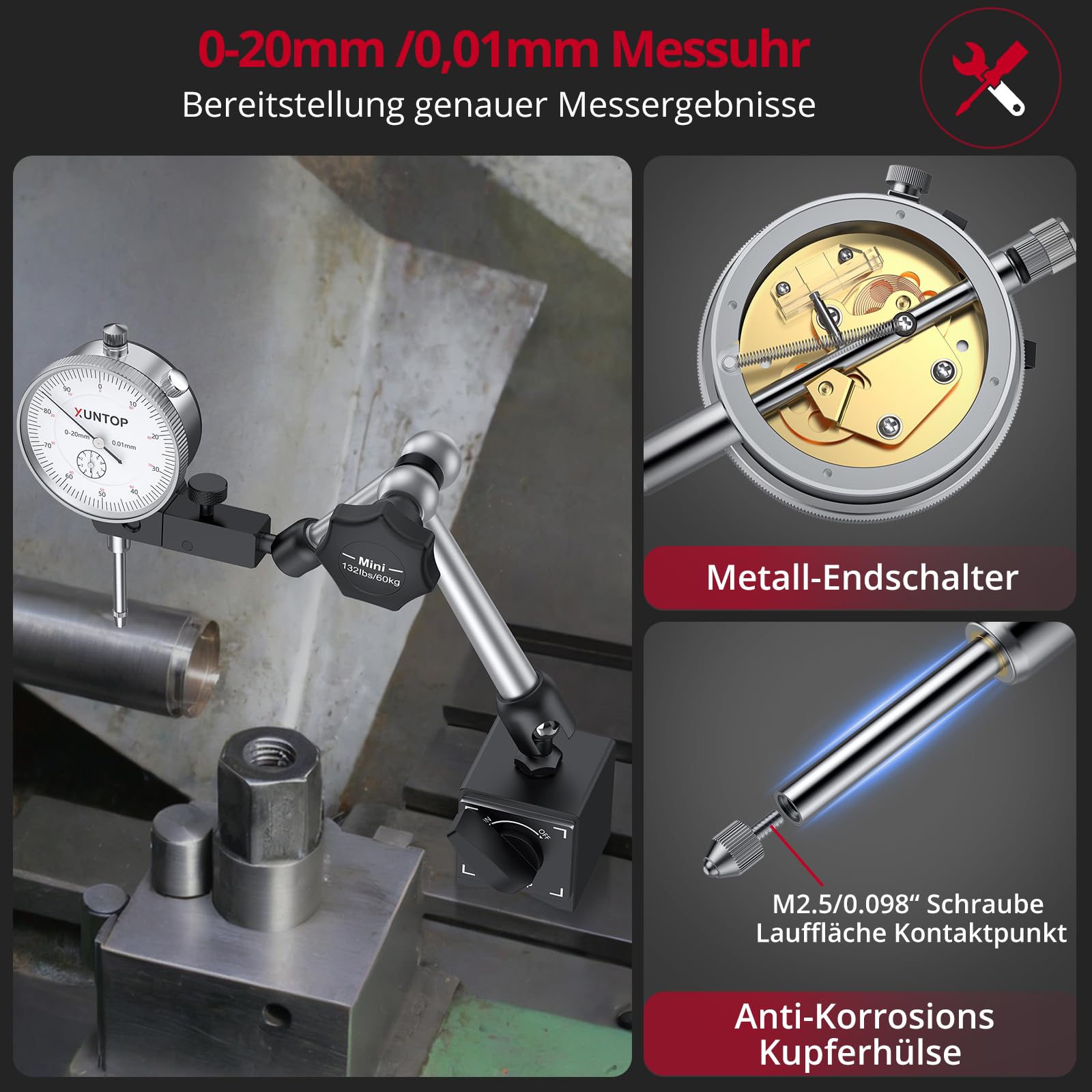 XUNTOP Präzisions Messuhr mit Magnetfuß 0,01mm Genauigkeit, 0-20 mm Messbereich,Mechanische Anzeige,132lbs/60kg, Mit Feineinstellknopf Ideal für Industrieanwendungen