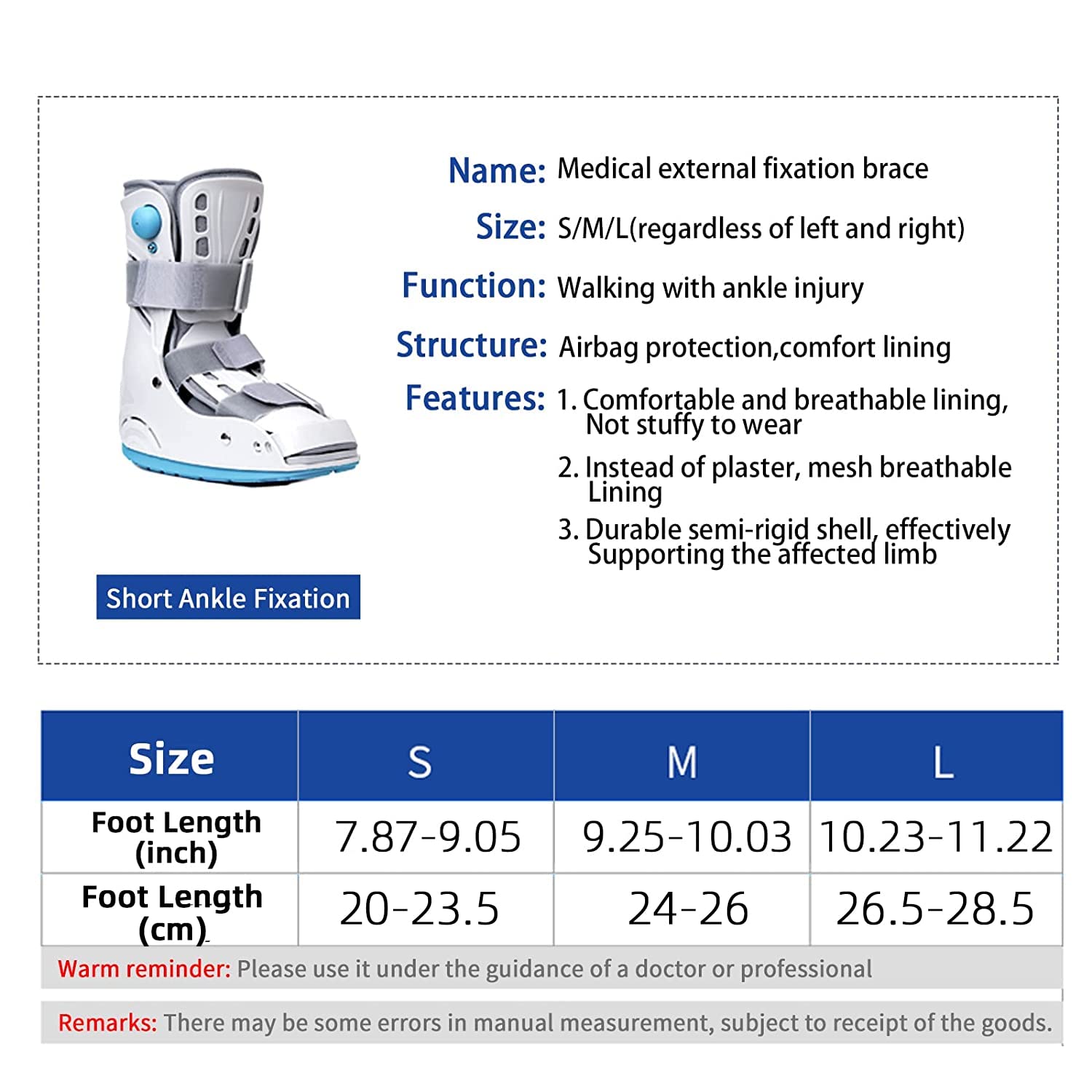 Chaussure de randonnée médicale gonflable orthopédique, chaussure de fracture, chaussure de randonnée ultra légère pour entorse de cheville, fracture de stress, pied cassé ou tendinite d'Achille (M)