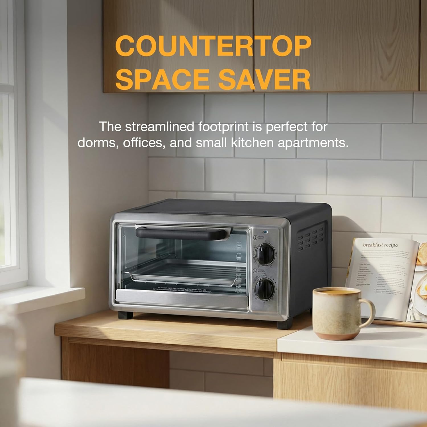 NEWBULIG 10.6QT Countertop Toaster Oven, 4-in-1 Multi-Functional Oven for Baking, Pizza, Broiling, Includes Baking Tray, Baking Rack, 0-450°F Temperature Control, 30-Min Timer, Stainless Steel
