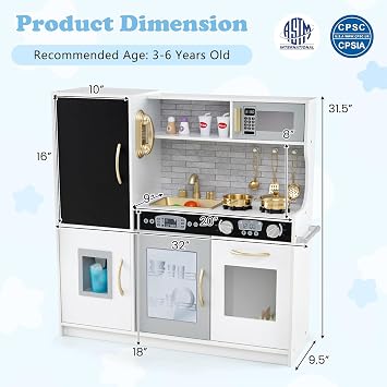 Play Kitchen, Wooden Kids Pretend Cooking Toy with Microwave, Fridge, Easy Bake Oven, Chalkboard&Ice Maker, Kids Kitchen Playset Toys for Girls & Boys Ages 3+ (White + Golden)