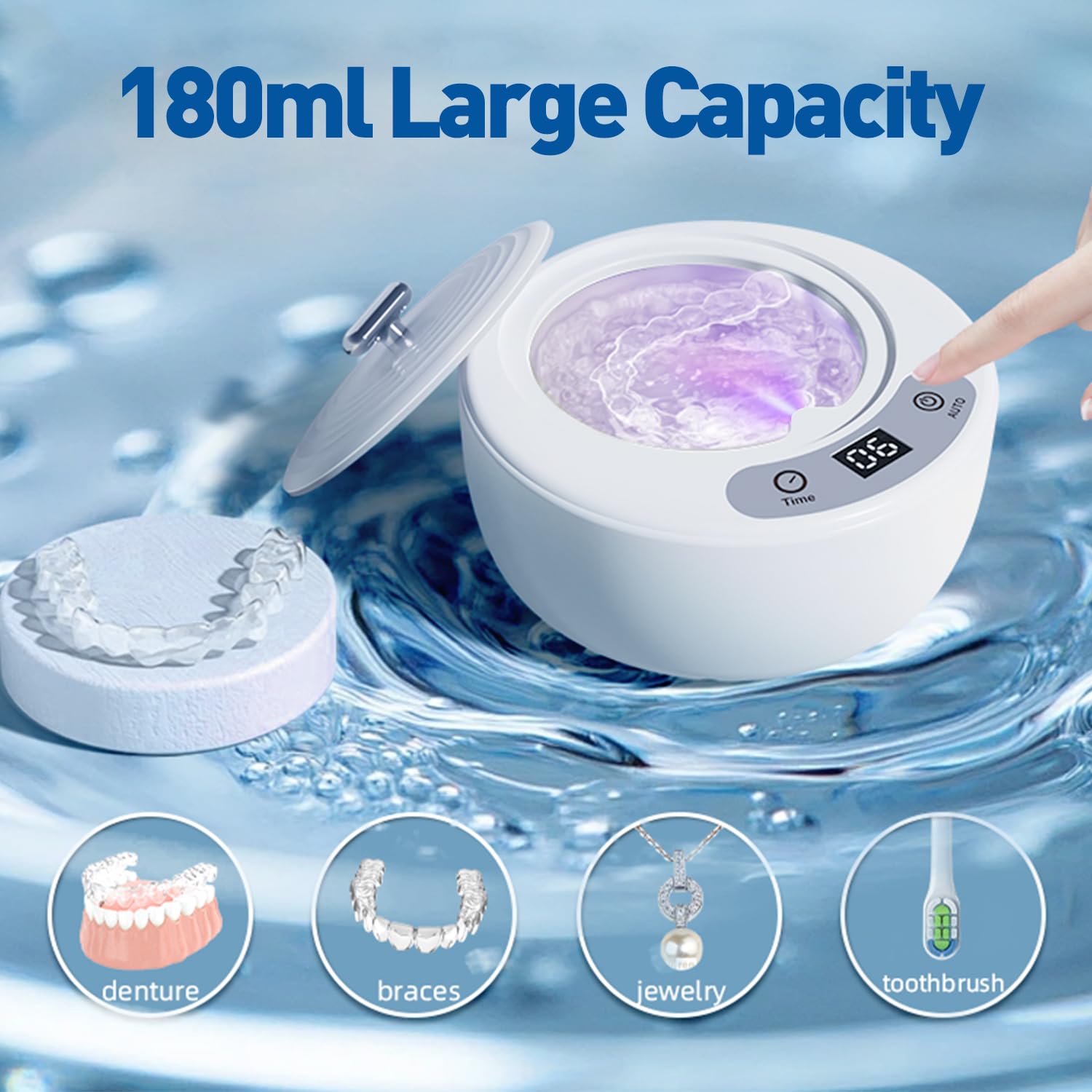 Máquina limpiadora de retenedores ultrasónicos dentales, caja de limpieza de dientes de 49 kHz con 3 modos y temporizador digital, caja de limpieza para dentaduras postizas, protectores