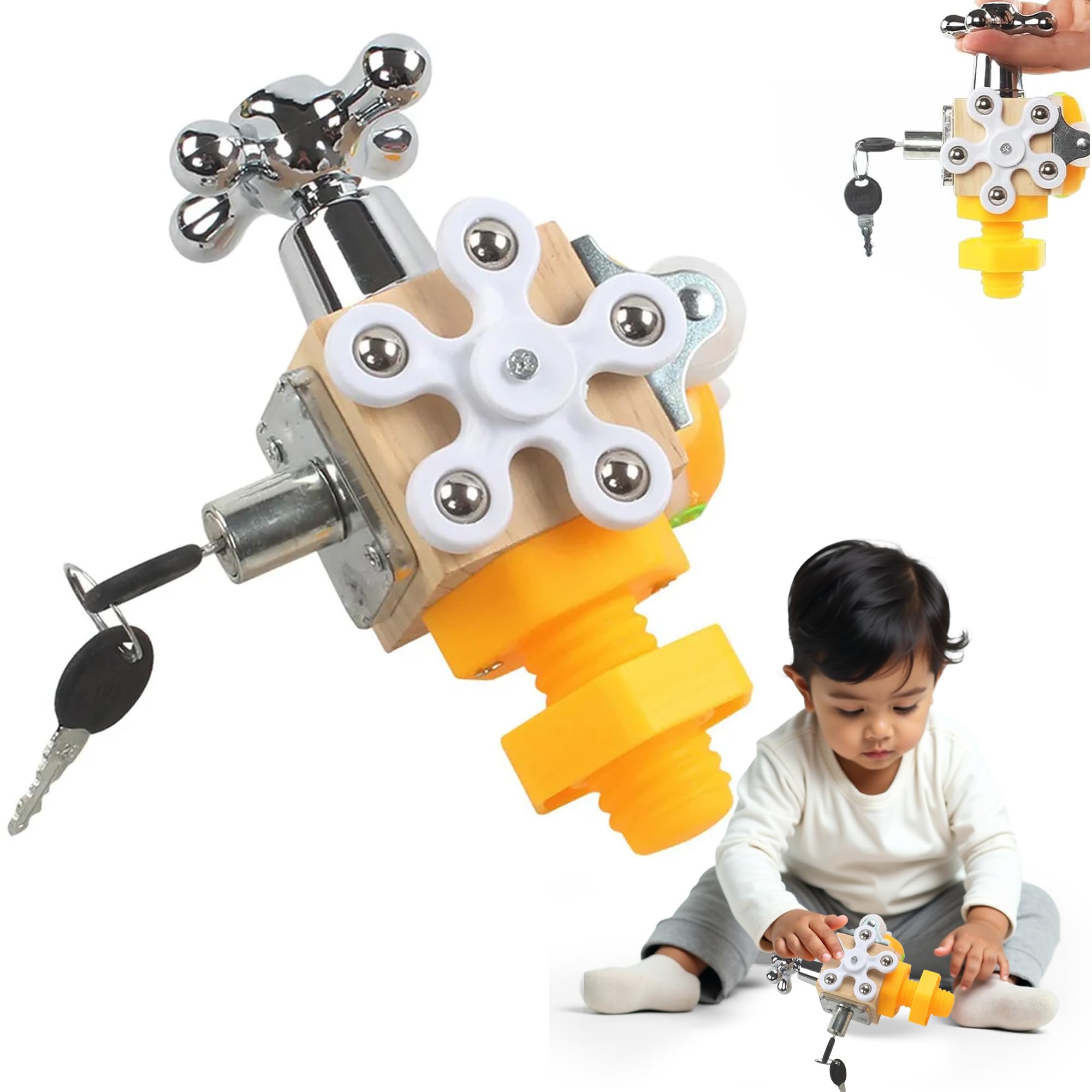 Kidology 7-in-1 Montessori Busy Board for Toddlers Wooden Sensory Busy Cube with Fidget Spinner, Switches, Locks, and More, Fine Motor Skills Developmental Travel Toy for Kids