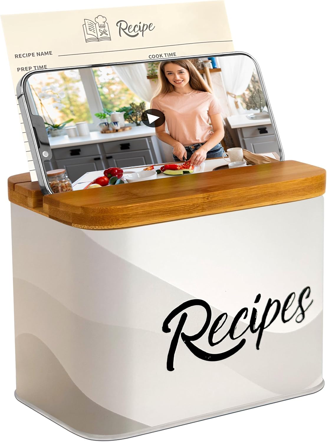 Over 100 Items, Recipe Box With Cards And Dividers, 4x6 Recipe Cards Dividers and Clear Cards, Recipe Box Set With Wooden Lid Holds Recipe Cards And Phone, White & Gray Metal Recipe Box