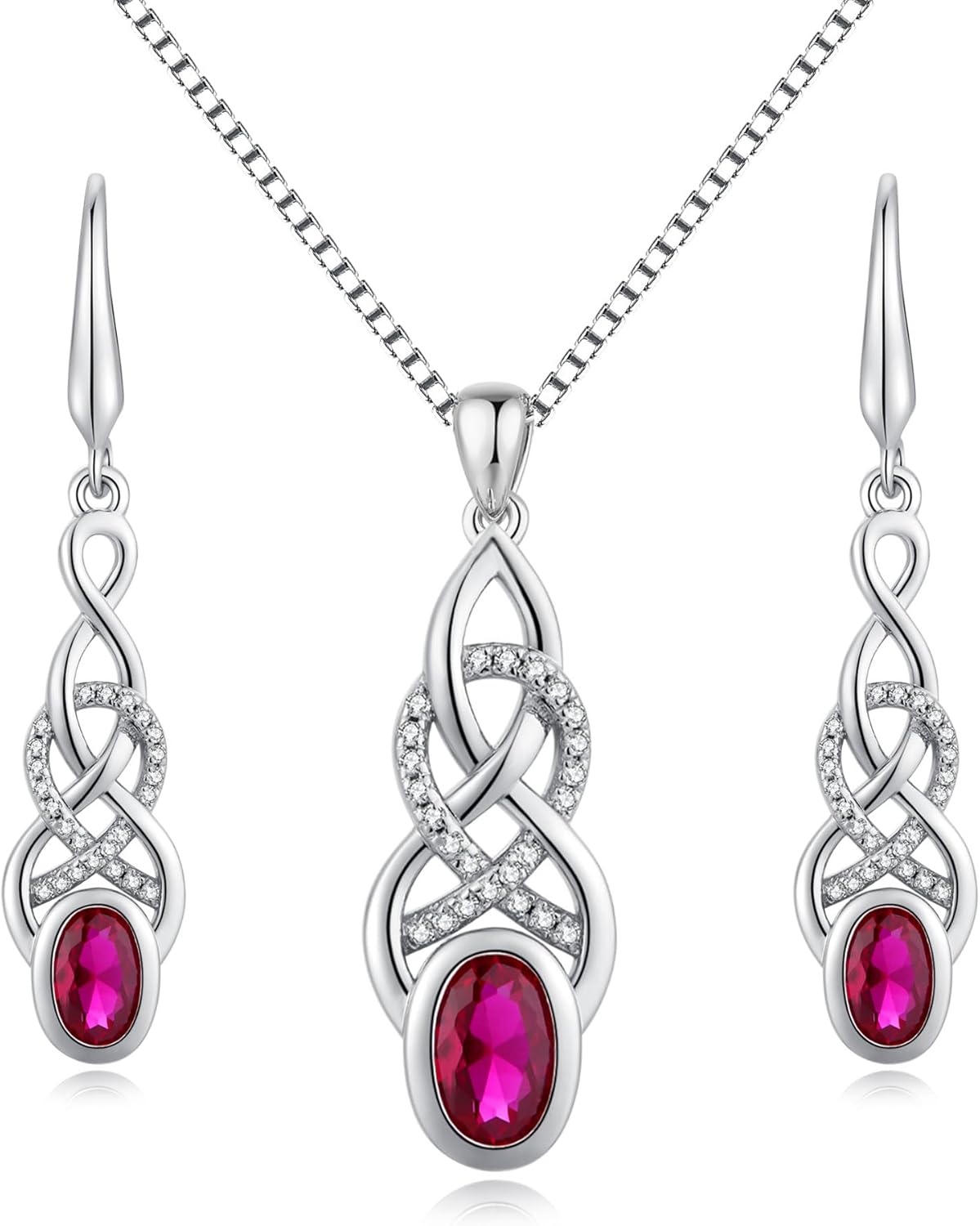 Womens Infinity Necklace and Earrings, Sterling Silver Infinity Celtic Jewelry Set with Created Emerald Good Luck Irish Celtic Knot Jewellery
