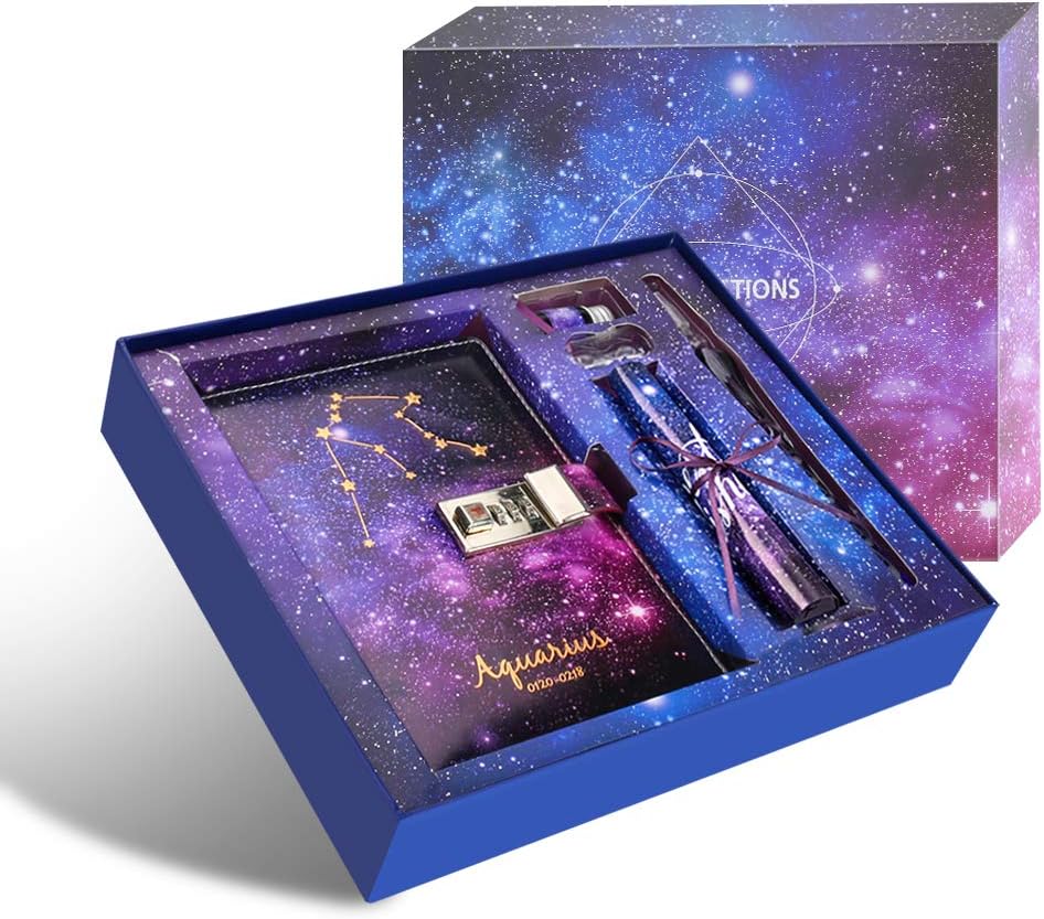 Starry Constellation Diary with Lock, B6 PU Leather Cover Combination Lock Journal Notebook with Crystal Pen, Ink and Greeting Card, Gifts for Kids Girls Women, Size(7.4 X 5.1 Inch), Aquarius Hardcover – Notebook