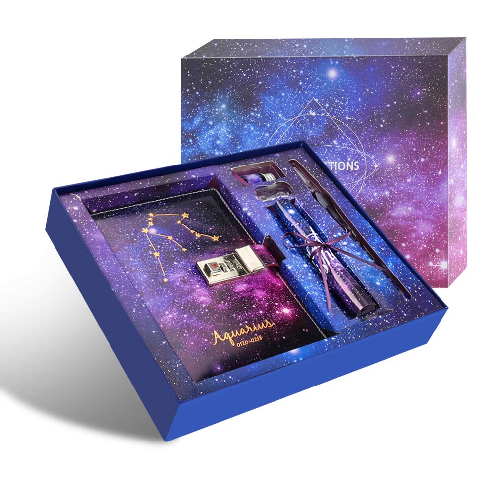 Starry Constellation Diary with Lock, B6 PU Leather Cover Combination Lock Journal Notebook with Crystal Pen, Ink and Greeting Card, Gifts for Kids Girls Women, Size(7.4 X 5.1 Inch), Aquarius Hardcover – Notebook