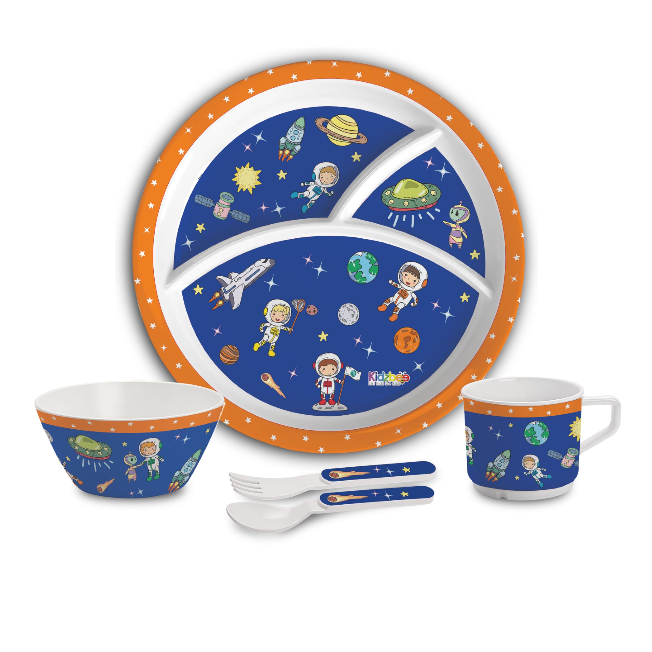 Cello Kidzbee Trioplate Cosmic Explorer Melamine Meal Set for Kids | BPA Free and Food-Grade Material | Attractive and Kidfriendly Designs | Break Resistant & Durable Set | Set of 5, Navy Blue-image-33