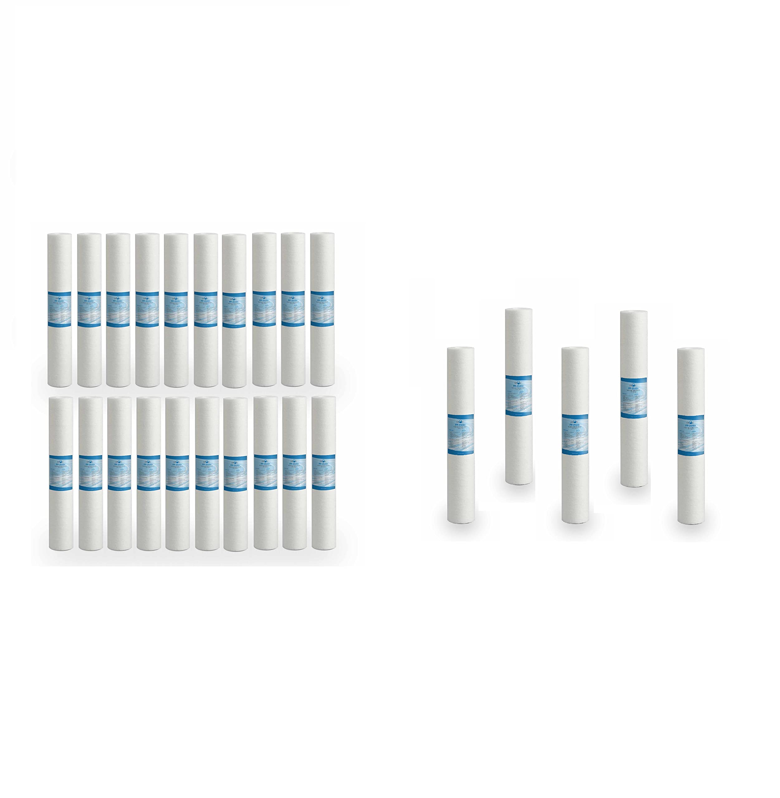 Filtro Sedimenti 20 Pollici 25 Micron. Elimina Sabbia, Fango, Particelle di ruggine e impurità sospese fino a 25 Micron in Polipropilene 20 Pezzi + 5 omaggio