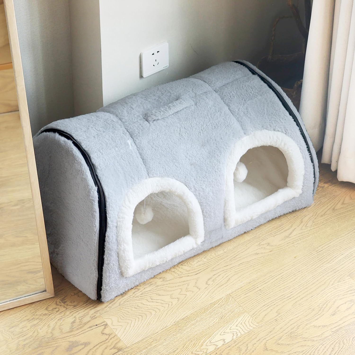 Igloo Dog&Cat House Double Tunnel with Soft and Cosy Interior, Kitten Home Puppy House,for Adults Cats Small Pet Bed Luxary Indoor Bed (Grey&White, Medium)-image-32