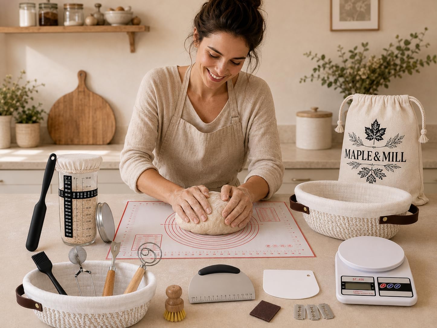 Sourdough Starter Kit, 65+ Piece, 2 Cotton Rope Banneton Baskets, Kitchen Scale, Bread Bags, Sourdough Bread Baking Supplies, Sourdough Tools