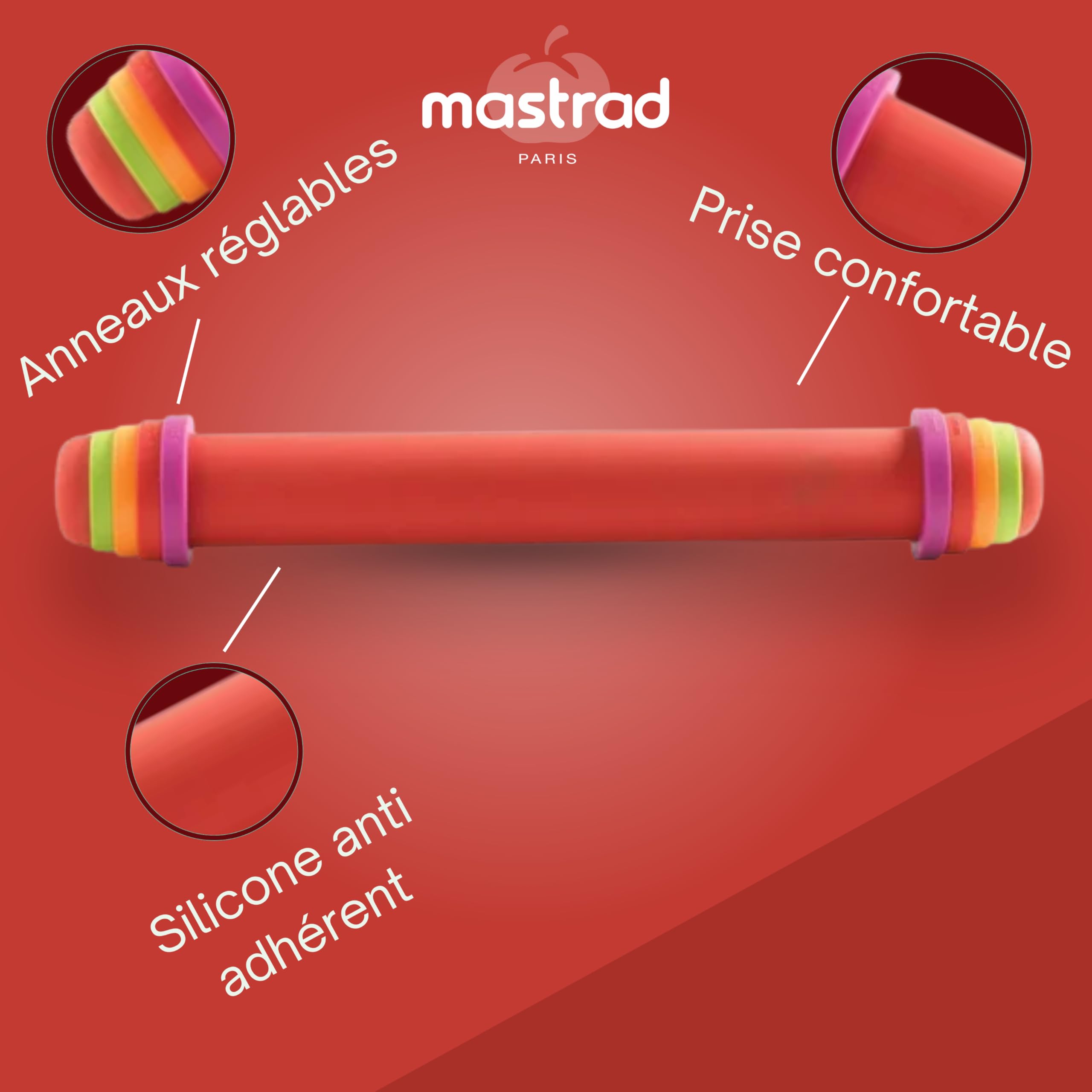 Mastrad – Rouleau à Pâtisserie Ajustable en Silicone Rouge – 4 Anneaux Réglables (2, 4, 6, 8 mm) – Revêtement 100 % Silicone – Corps Inox – Antidérapant & Facile à Nettoyer – Accessoire de Pâtisserie