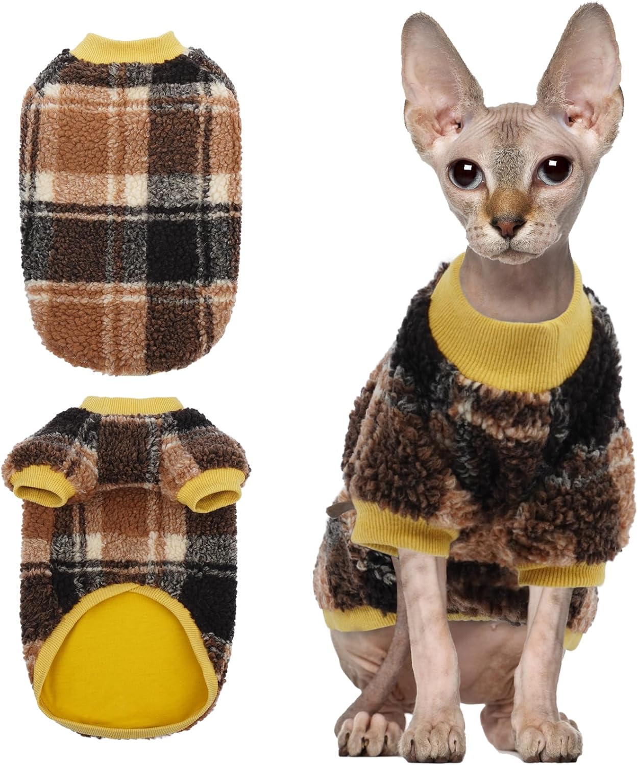 Sphynx Cat Sweater, Soft Fleece Pullover with Sleeves, Warm & Elastic Pet Clothes for Hairless Cats and Small Kittens, Cozy Winter Outfit Yellow XXL