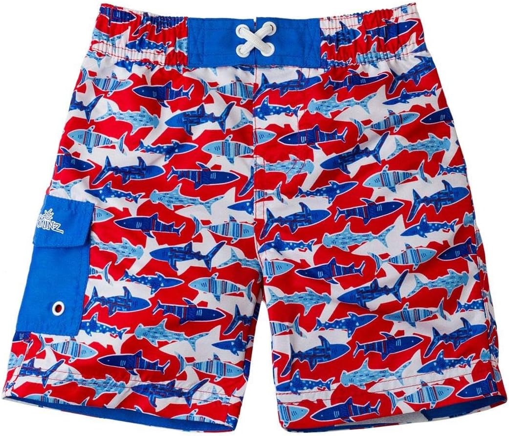 UV SKINZ Boys 3-Piece Swim Set with UPF 50+ Long Sleeve Rash Guard, Swim Shorts & Hat (7, Blue Sharks)