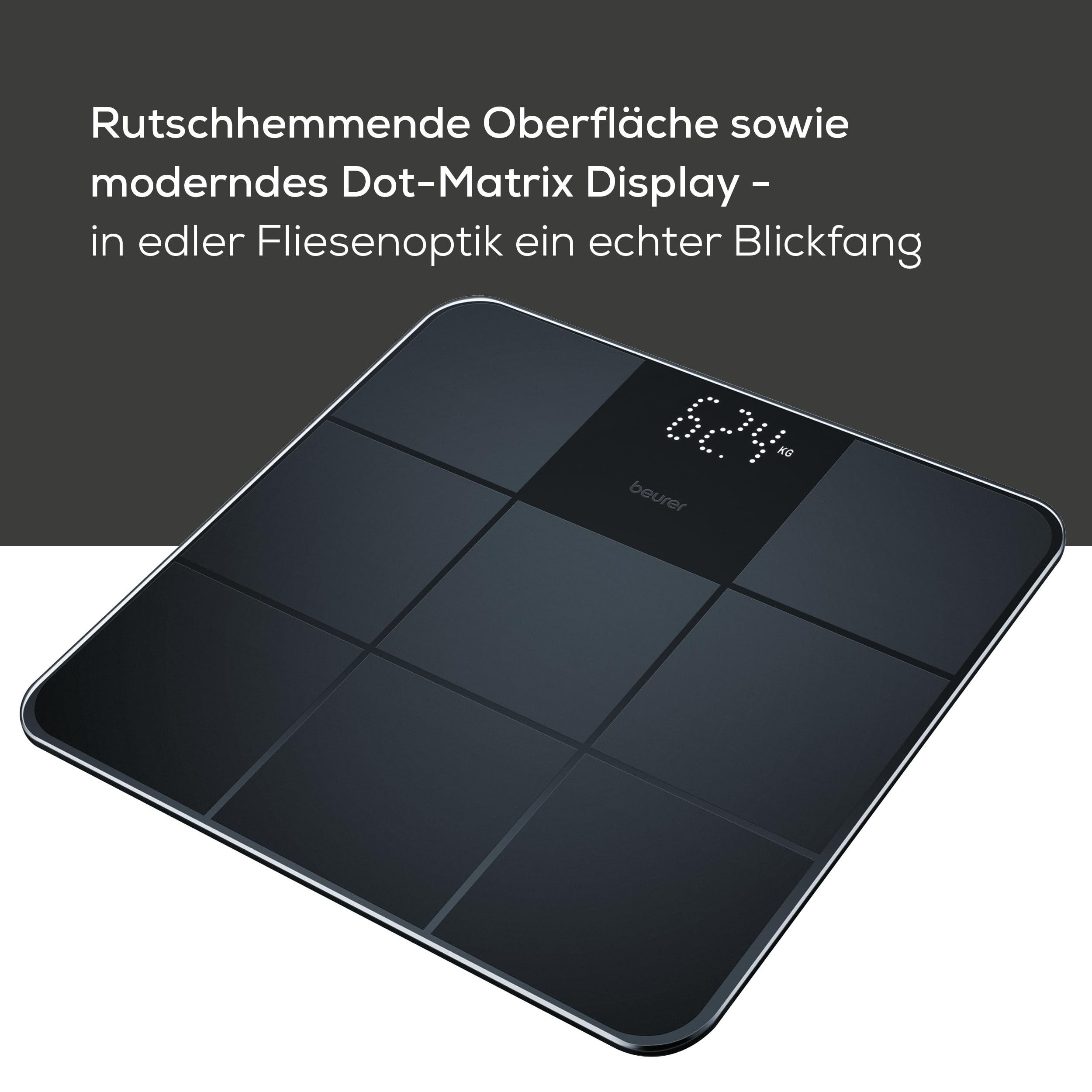 Beurer GS 235 Glaswaage, Digitale Personenwaage mit Magic-Display, Anti-Rutsch Oberfläche in matter Fliesenoptik, Ein- und Abschaltautomatik, schwarz