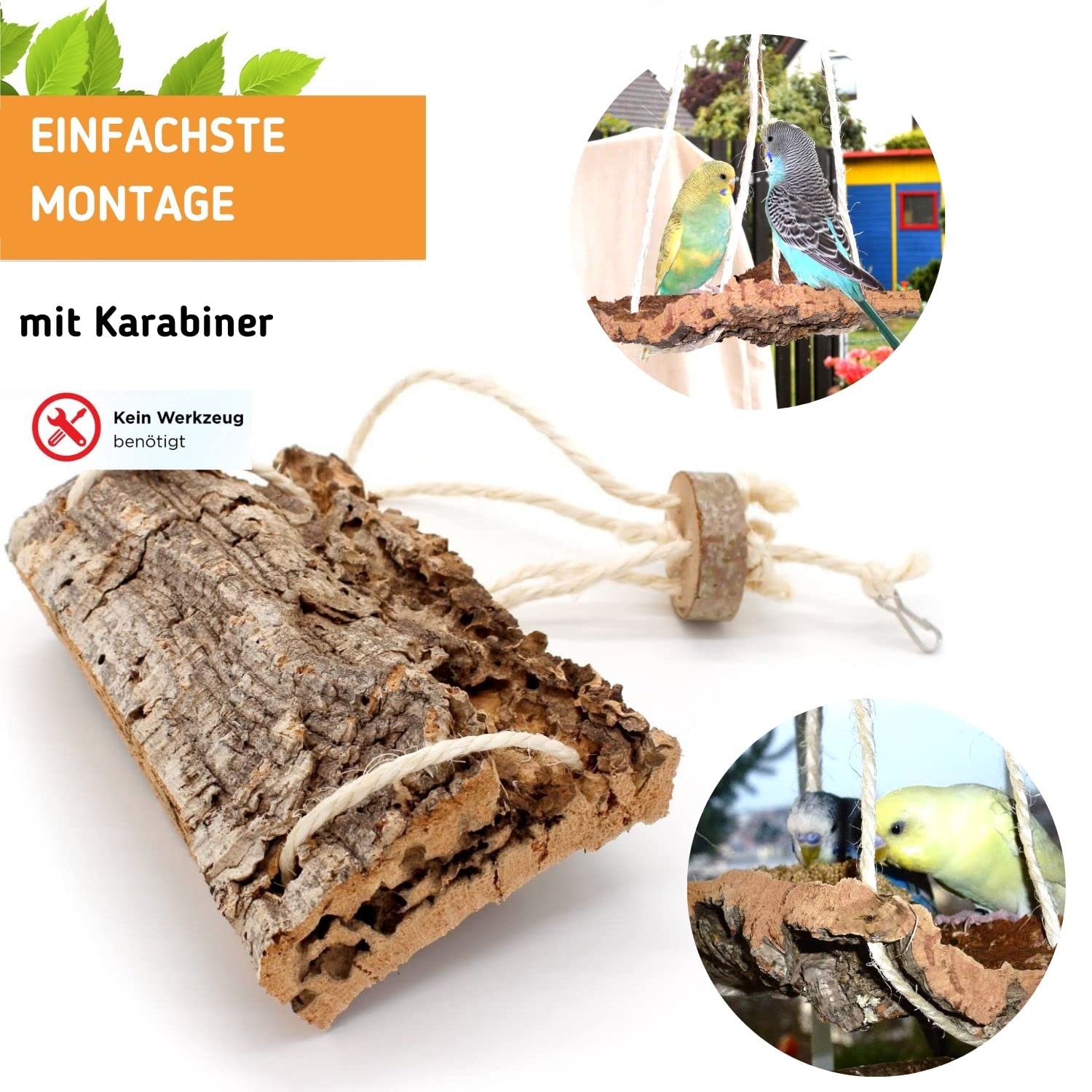 Vogelgaleria® Spannende Korkschaukel M, Vogelschaukel, Sitzbrett und Pickstein zugleich