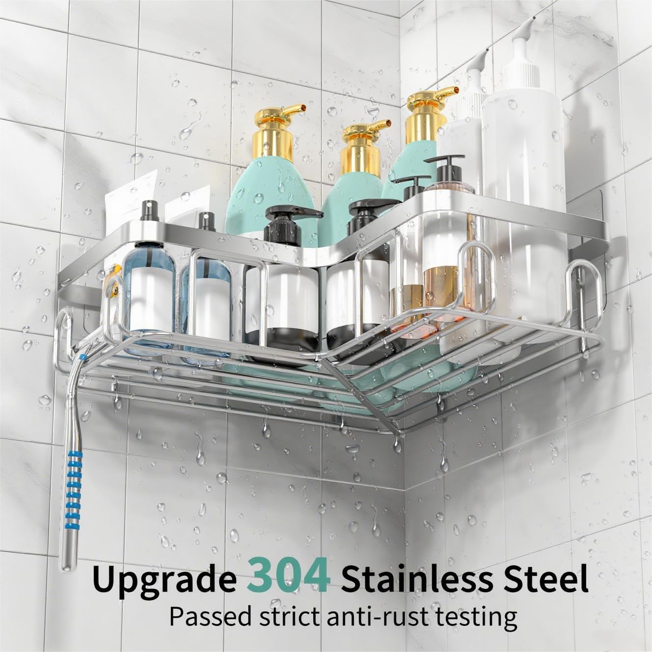 Moforoco Corner Shower Caddy Shelf Organizer Rack, Self Adhesive Black Bathroom Shelves Basket, Home Shower Inside Organization and Storage Decor Rv Accessories, First Apartment Essentials（Silver） image 3