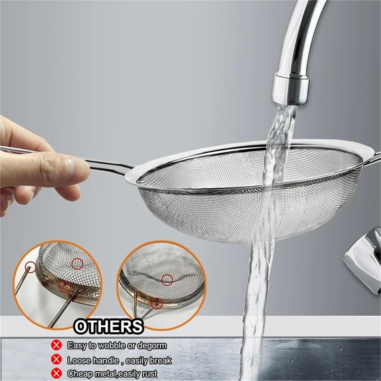 3Pcs Fine Mesh Strainers Set Stainless Steel Food Strainer Oil Flour Sieve Sifter