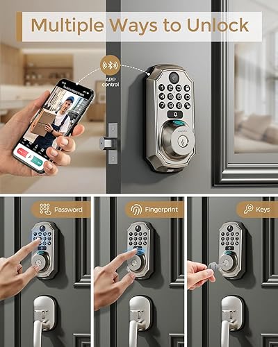 Miniatura 3 de Cerradura inteligente WiFi con cámara, cerrojo de entrada sin llave con asa, cámara 5 en 1, timbre de puerta, huella dactilar, teclado, control de