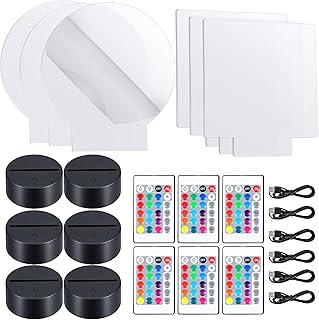 Honoson 6 Sets 3D Night LED Light Lamp Base Clear Acrylic Sheets Remote Controls and USB Charging Cables for Restaurant Bar Cafe Shop Room Decoration(Round, Square Style)