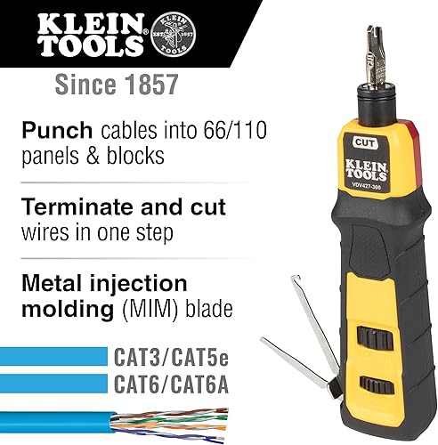 Miniatura 6 de Klein Tools VDV427-300 Herramienta de perforación de impacto con hoja 66/110, conexiones de cable CAT confiables, fuerza ajustable, incluye púa